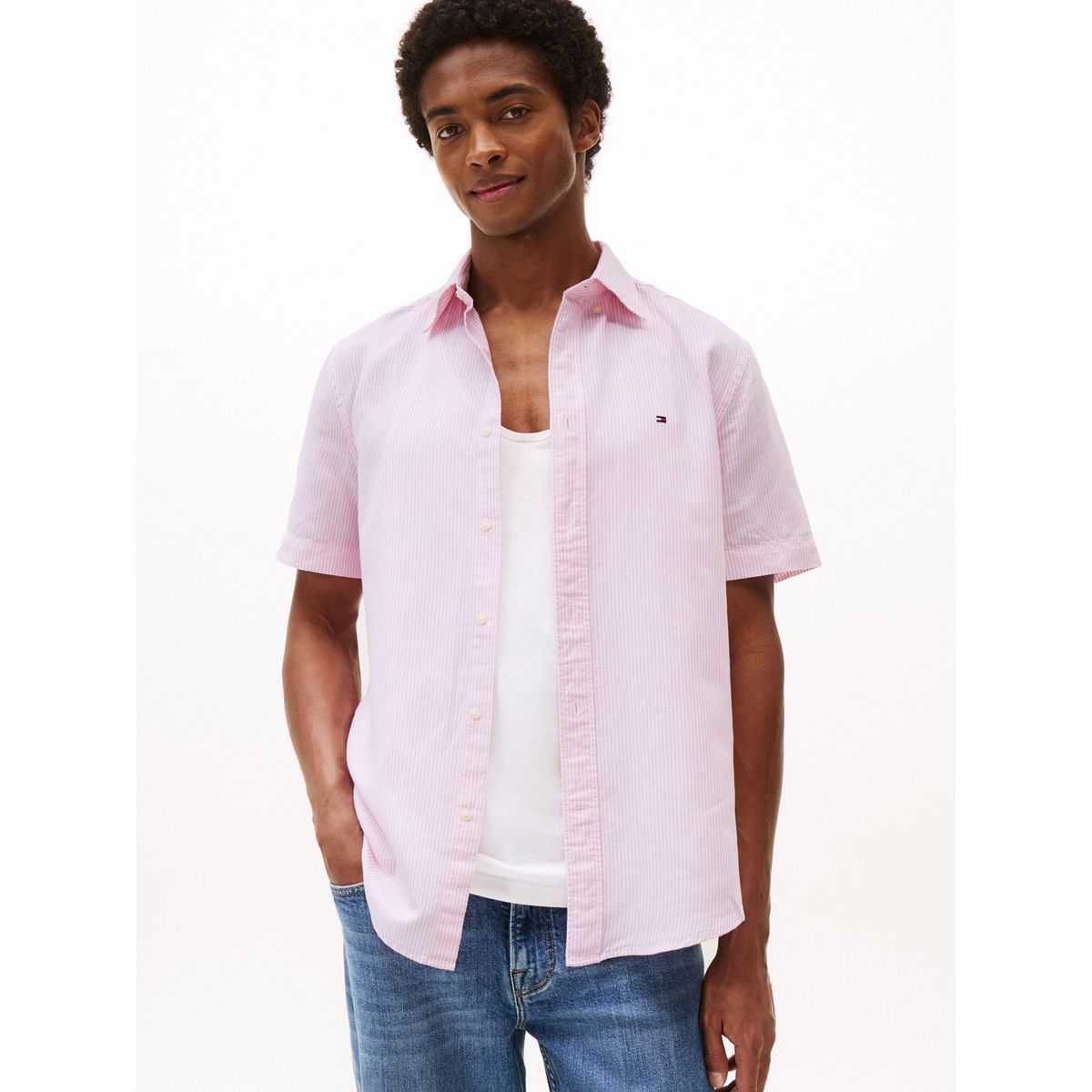 TOMMY HILFIGER - Camisa rosa de manga corta de lino Tommy Hilfiger