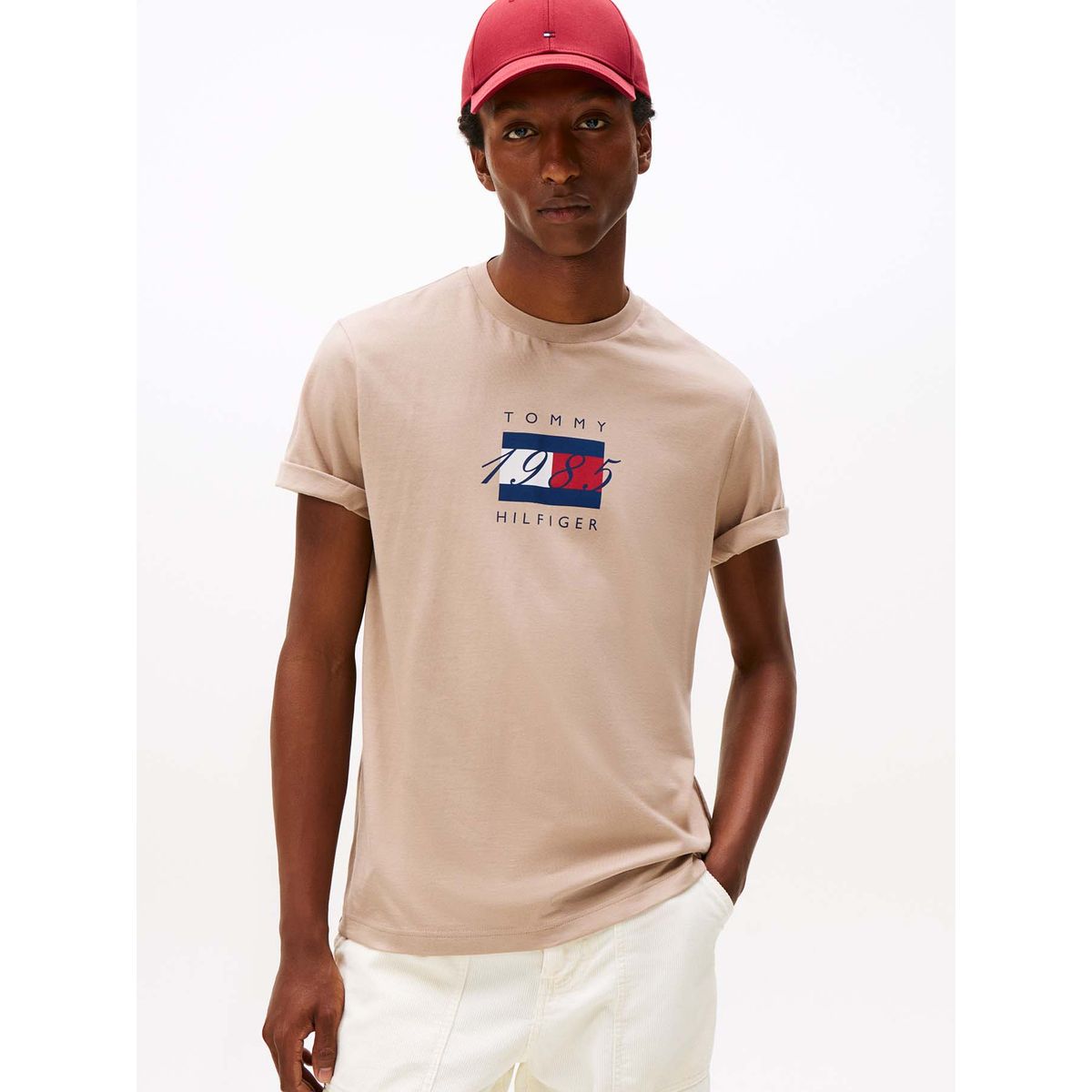 TOMMY HILFIGER - Camiseta beige de punto con logo gráfico Tommy Hilfiger