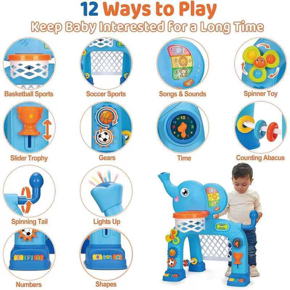 GENERICO - Cancha de Fútbol y Baloncesto Multifuncional Didáctico Musical Elefante Azul para Niños