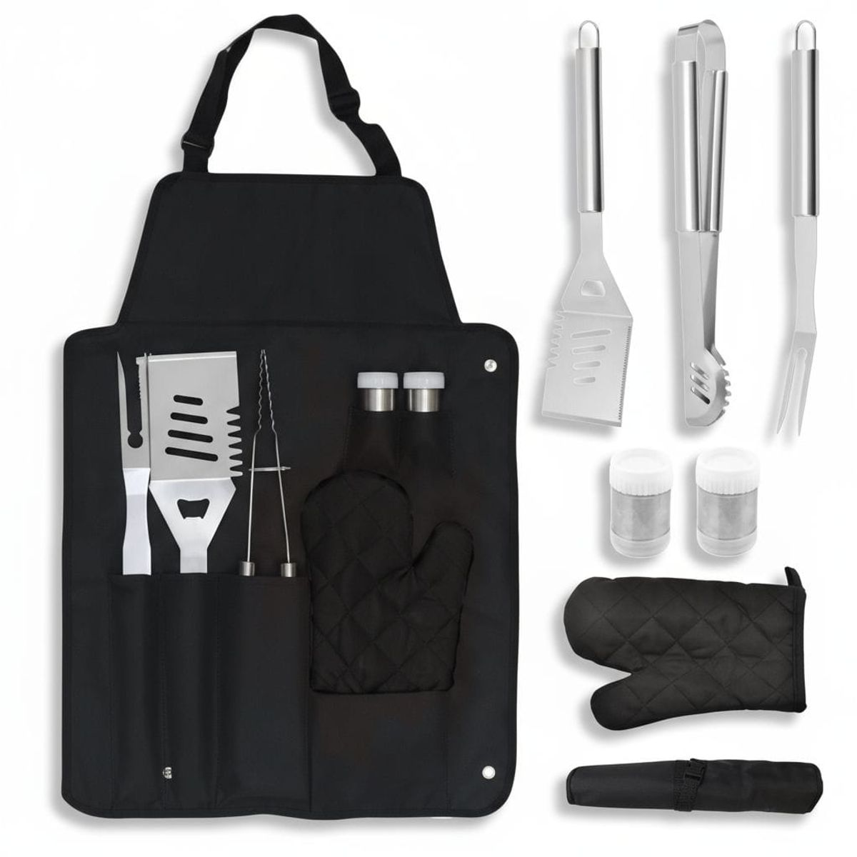 GENERICO - Set Parrilla Bbq 7 Piezas + Delantal Kit Asados Parrillero