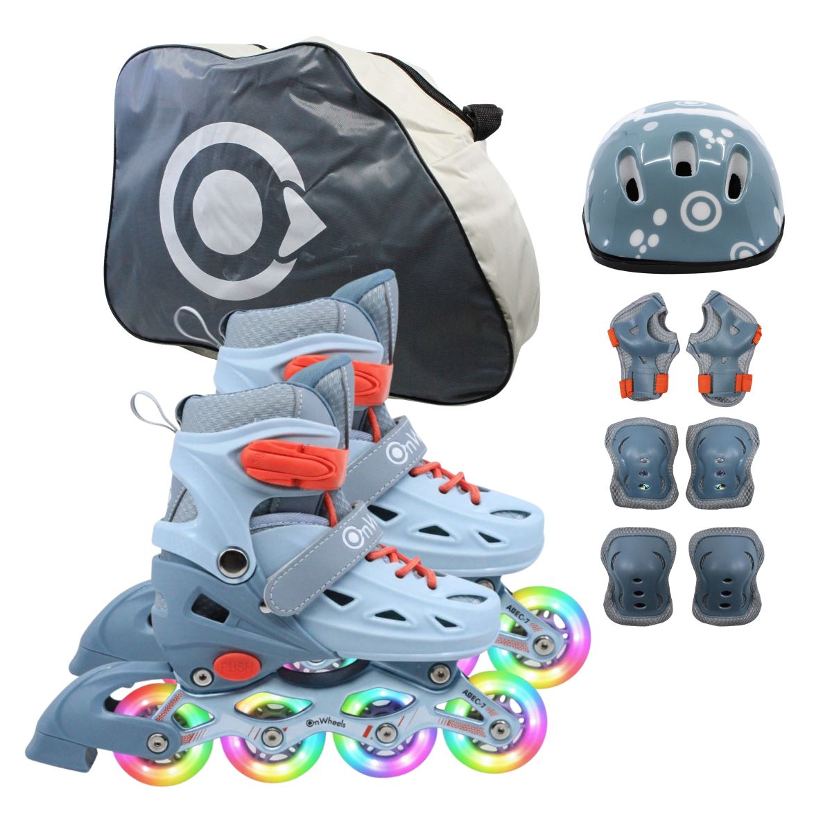 ONWHEELS - Combo infantil Patines Ajustables Adventure con llantas de luz Gris talla L 39-41