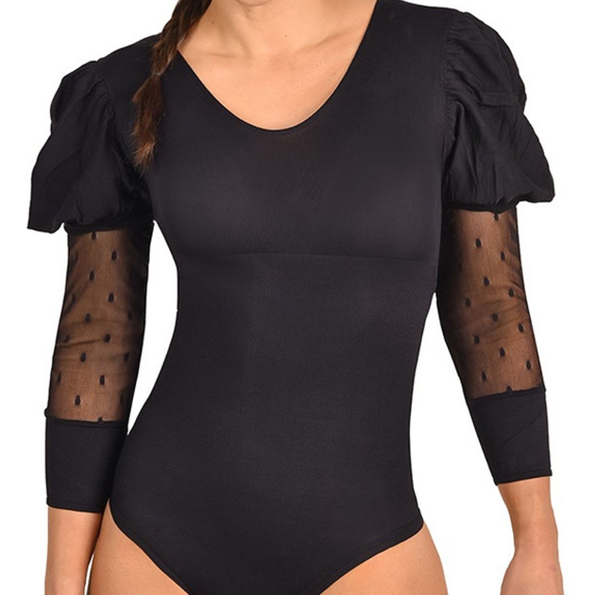 RITCHI - Body Faja Control para Mujer Ritchi  Escote Redondo Manga 34 con Blonda Transparente