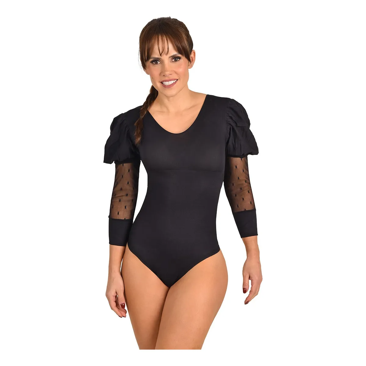 RITCHI - Body Faja Control para Mujer Ritchi  Escote Redondo Manga 34 con Blonda Transparente
