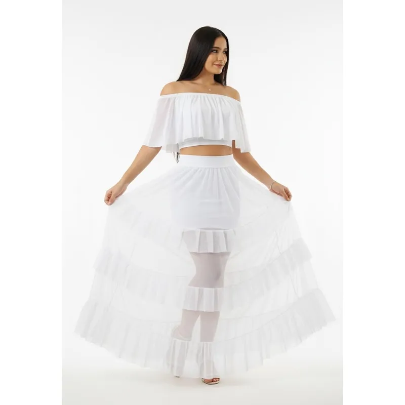 VIA7 - Conjunto de Dos Piezas Blanco Etéreo - Top Off-Shoulder y Falda Maxi de Tul con Volantes