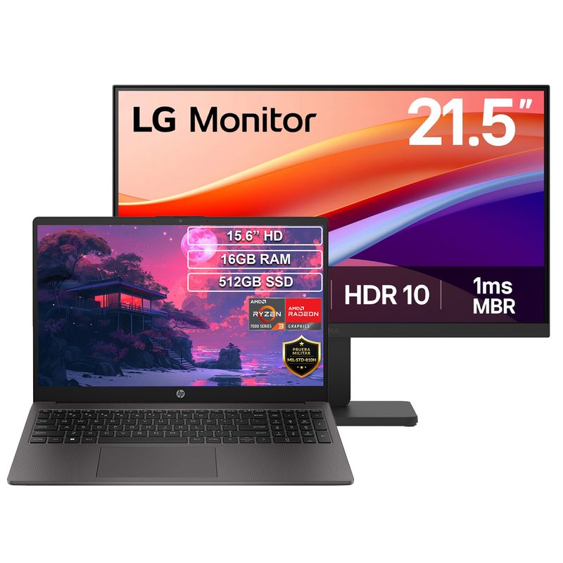 HP - Portátil HP 255 G10 Ryzen 3 7320U 16GB 512GB + Monitor LG22¨