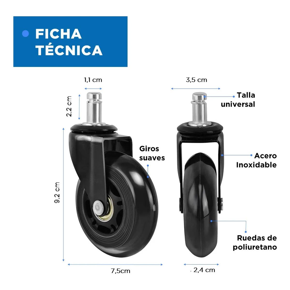 GENERICO - Ruedas Silla Escritorio Tipo Roller Gamer Set X5 Universales