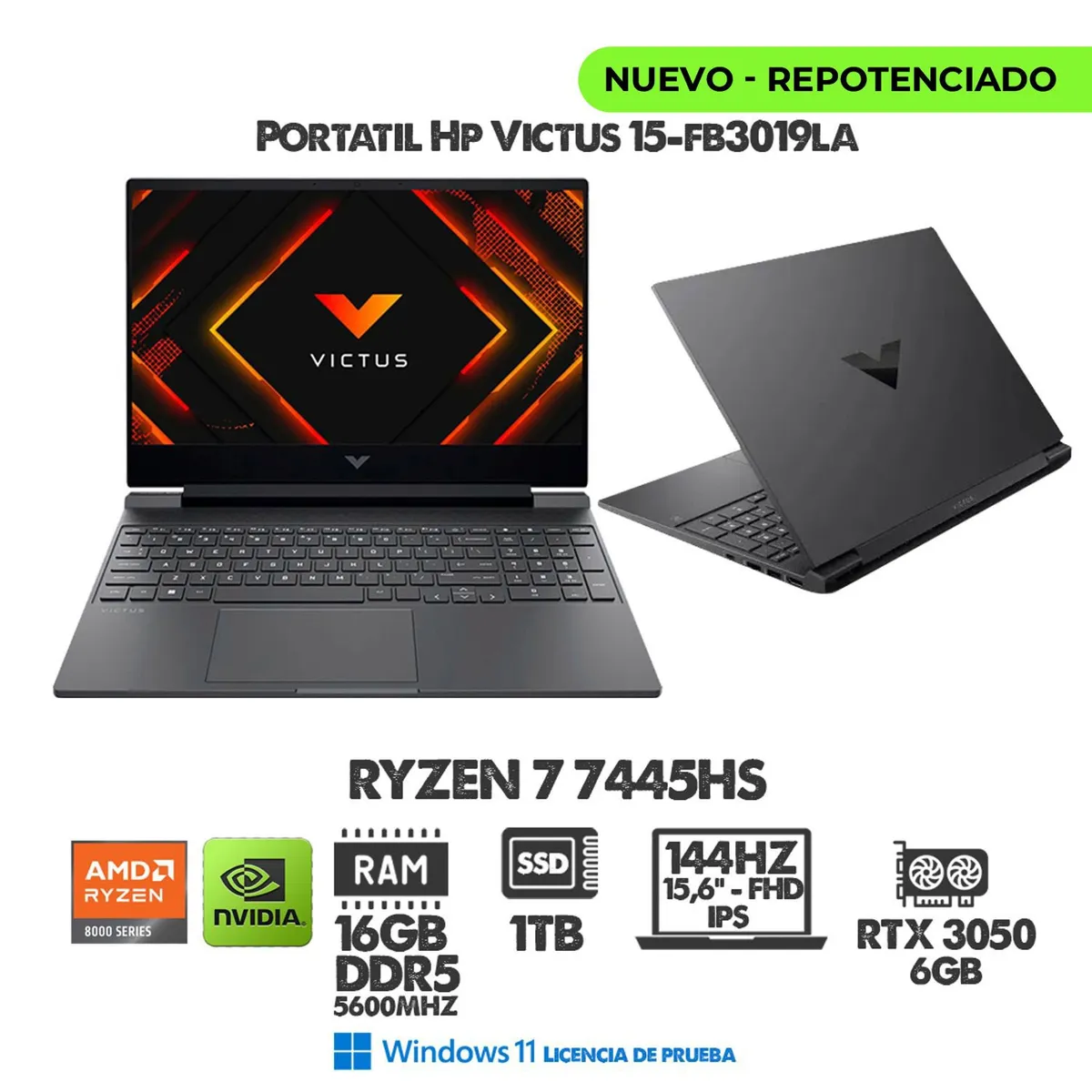 HP - PORTATIL GAMER VICTUS RYZEN 7 7445HS- 15.6" 144HZ IPS FHD- RTX 3050 - RAM 16GB DDR5 - SSD 1TB M.2