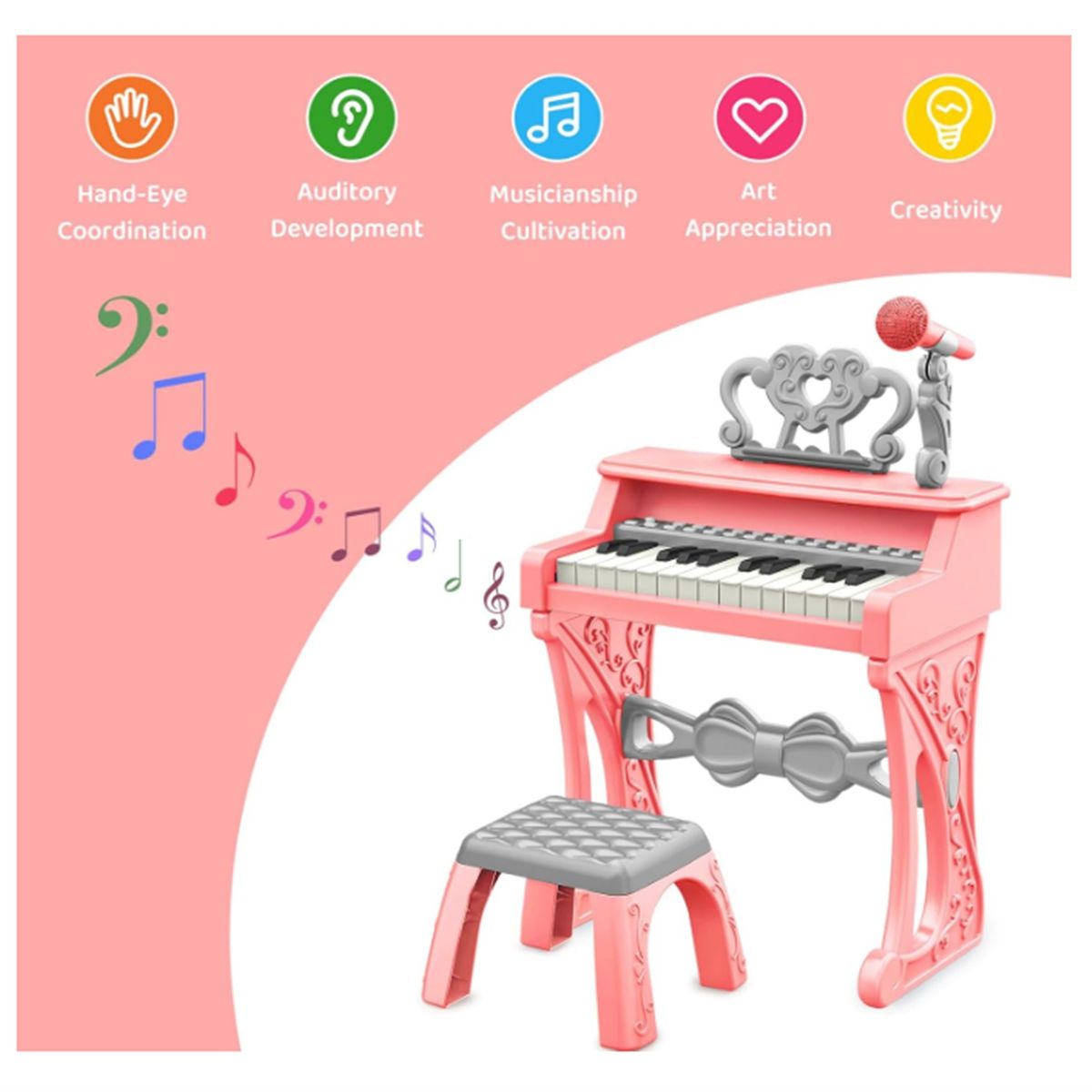 GENERICO - Juguete Musical Teclado Para Niños Rosa Con Micrófono Asiento