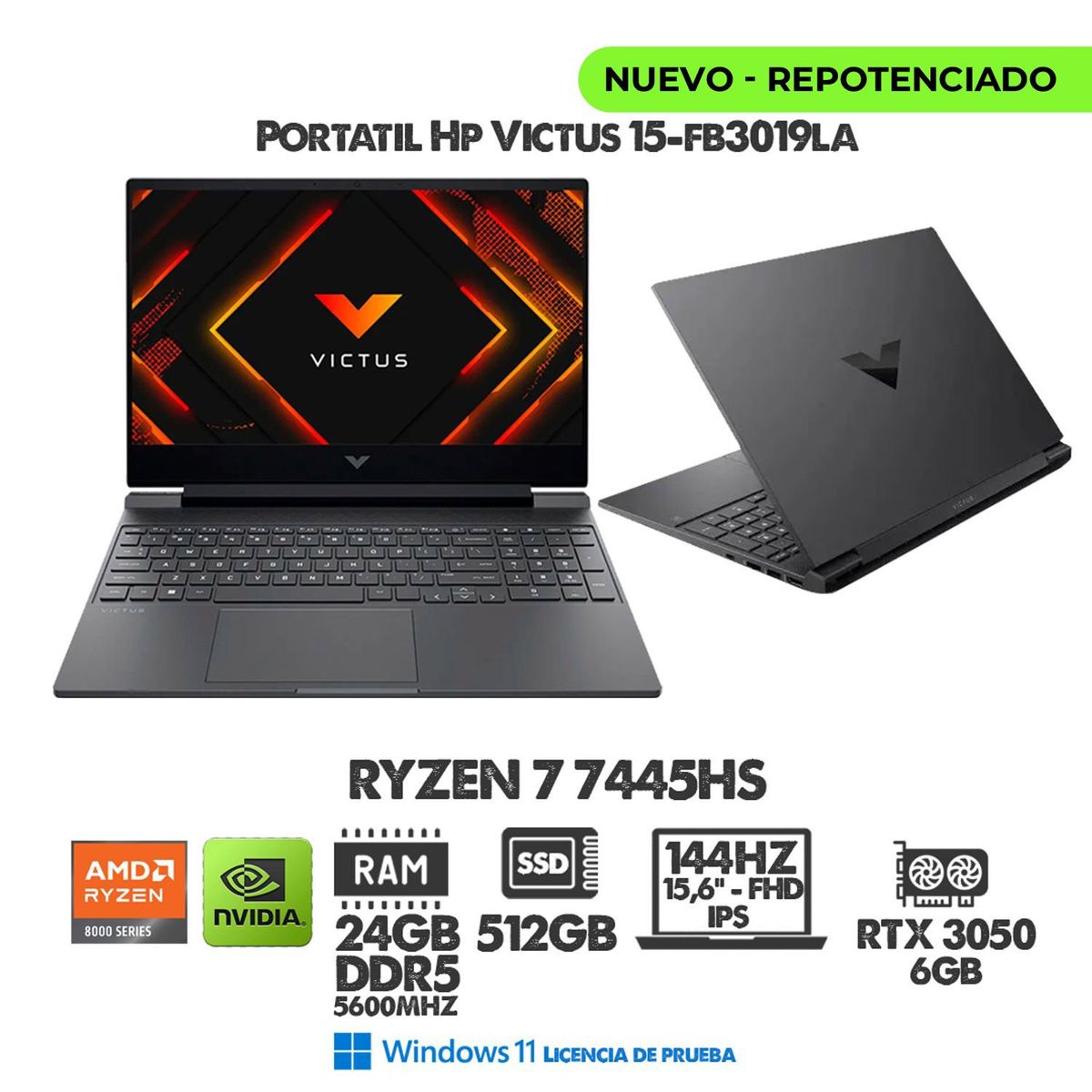HP - PORTATIL GAMER VICTUS RYZEN 7 7445HS- 15.6" 144HZ IPS FHD - RTX 3050 - RAM 24GB DDR5 SSD 512GB M.2