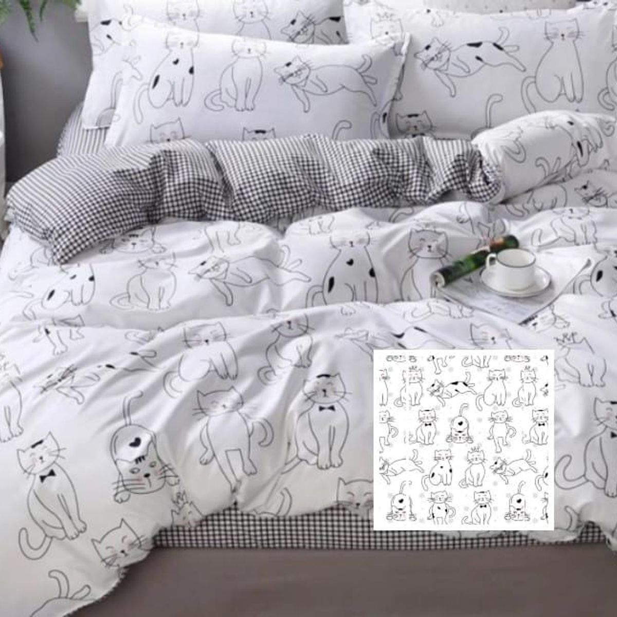 SIRENITAS - Juego de sabanas Cama Sencilla Blanco Gatos y Peluche