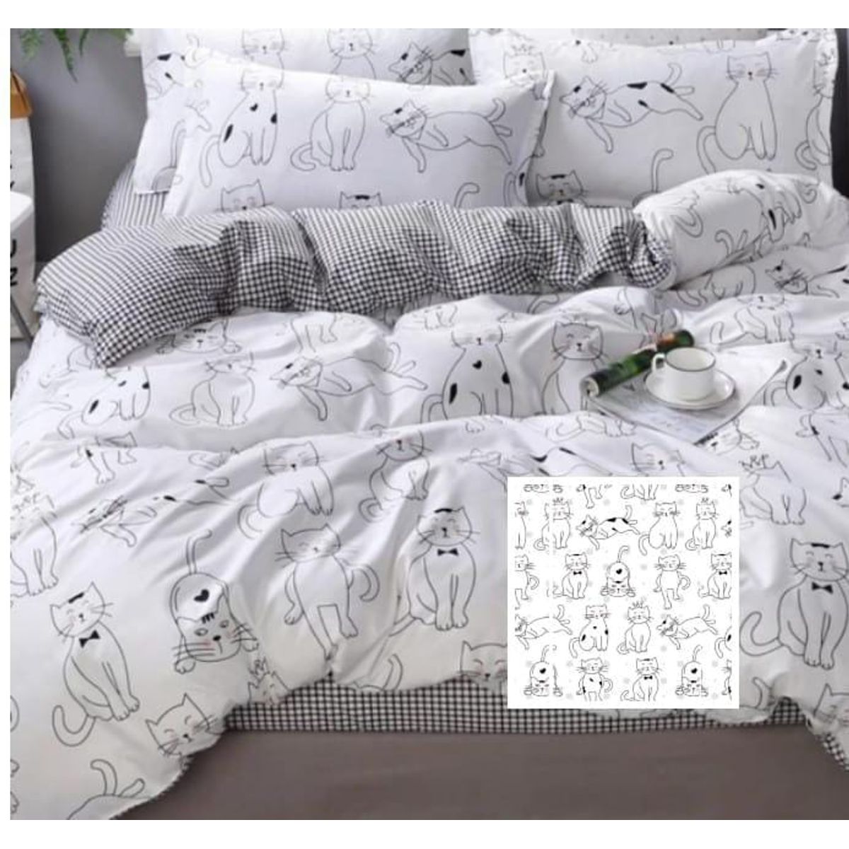 SIRENITAS - Juego de sabanas Cama Sencilla Blanco Gatos y Peluche