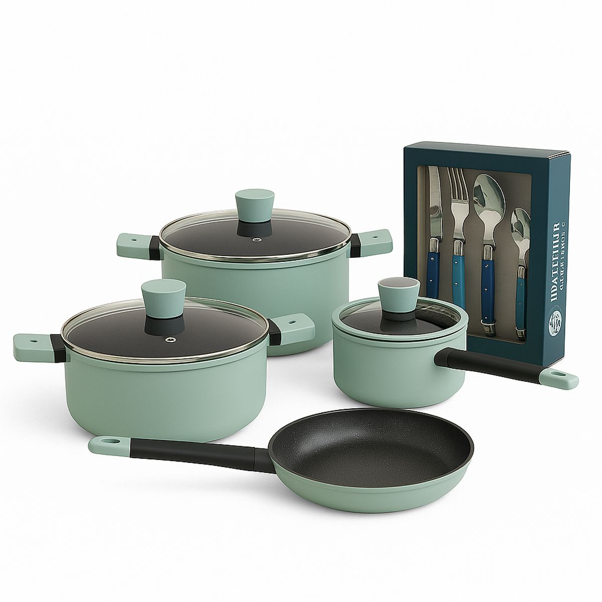 KITCHENWARE - Batería Aluminio Forjado Cerámica Soho Mint 7 Pzs + Cubiertos Montpellier 24 Pzs Azul
