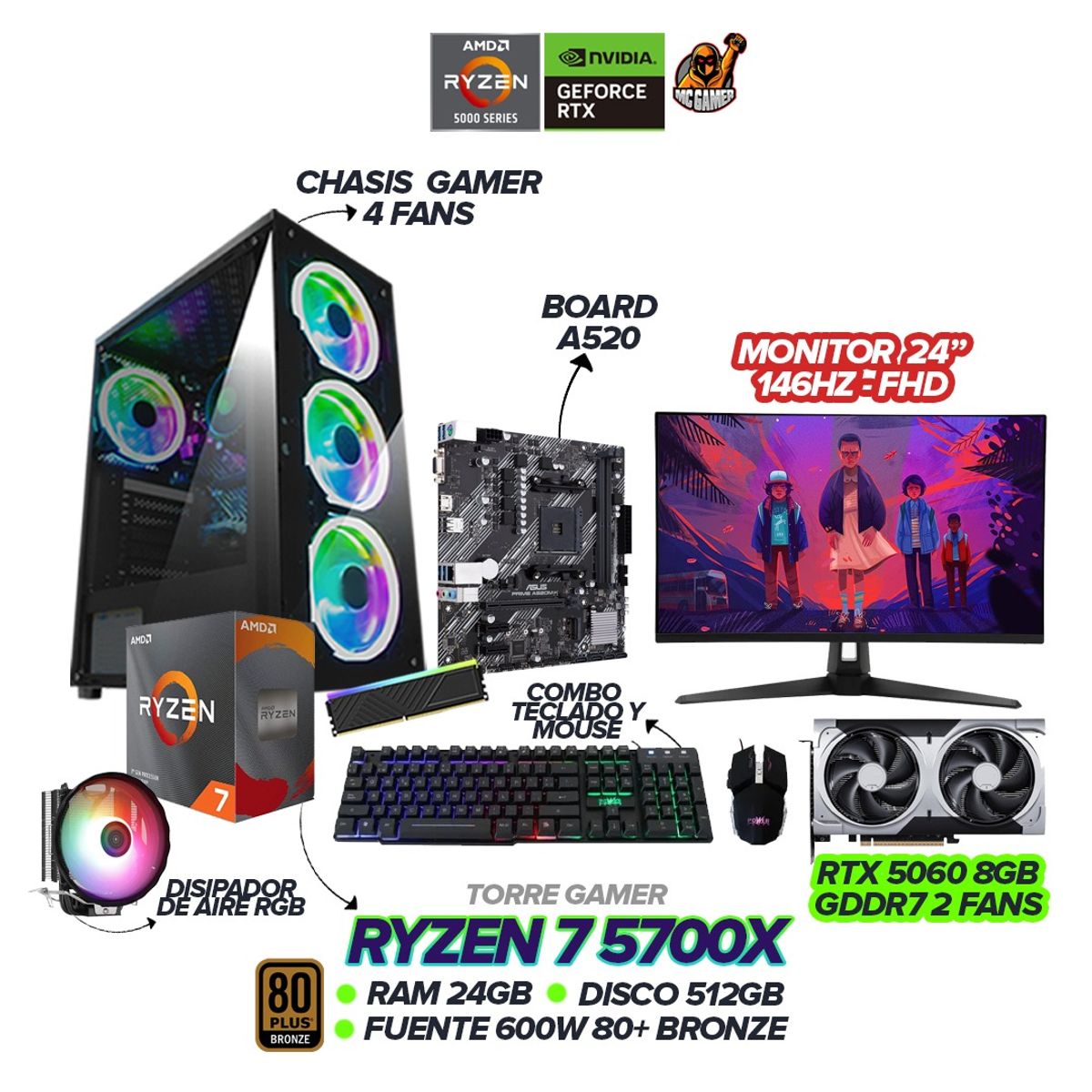 AMD - PC GAMER RYZEN 7 5700X / 5060 8GB / 24GB RAM / 512GB SSD / 600W / 4 FANS / MONITOR ASUS TUF 24"146hz
