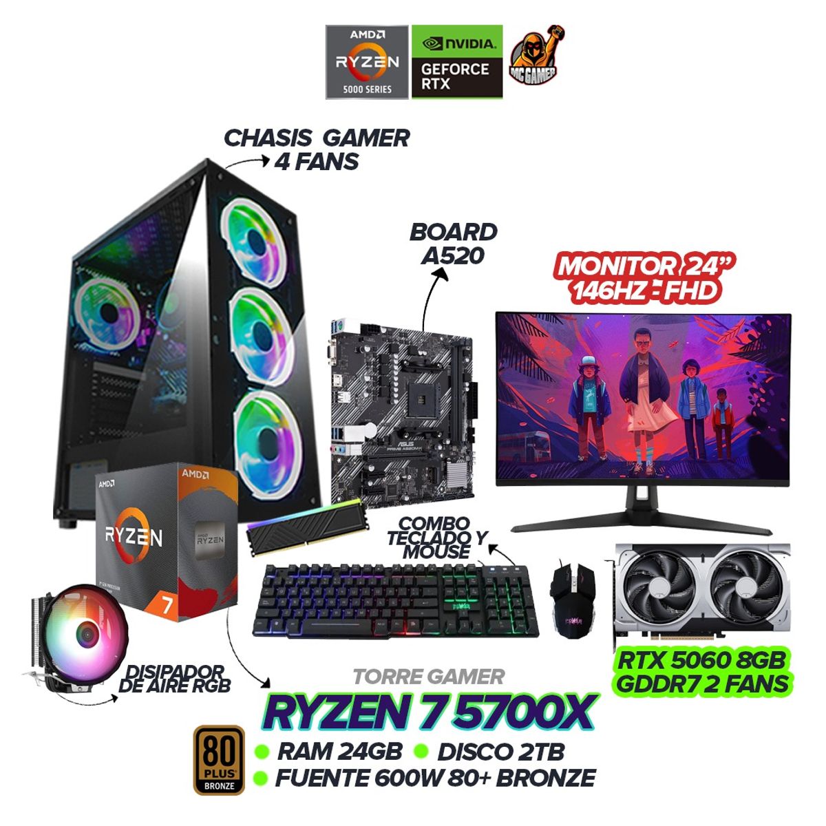 AMD - PC GAMER RYZEN 7 5700X / 5060 8GB / 24GB RAM / 2TB SSD / 600W / 4 FANS / MONITOR ASUS TUF 24" 146hz