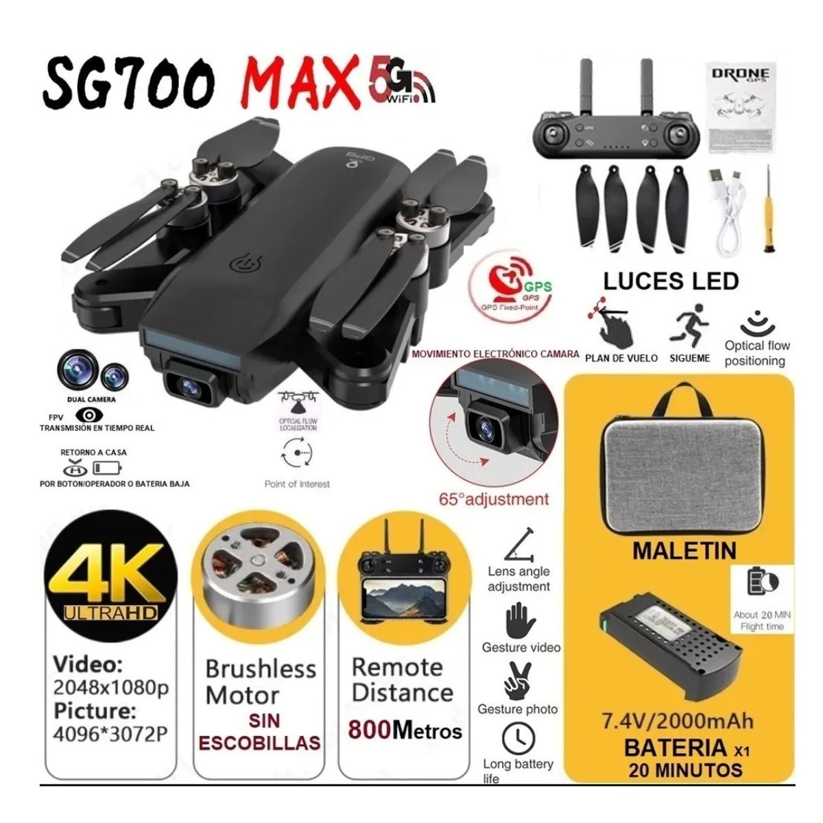 GENERICO - Drone zll sg700 max gps camara 4k 1km sensores optico giroscopio motores sin escobillas dron led