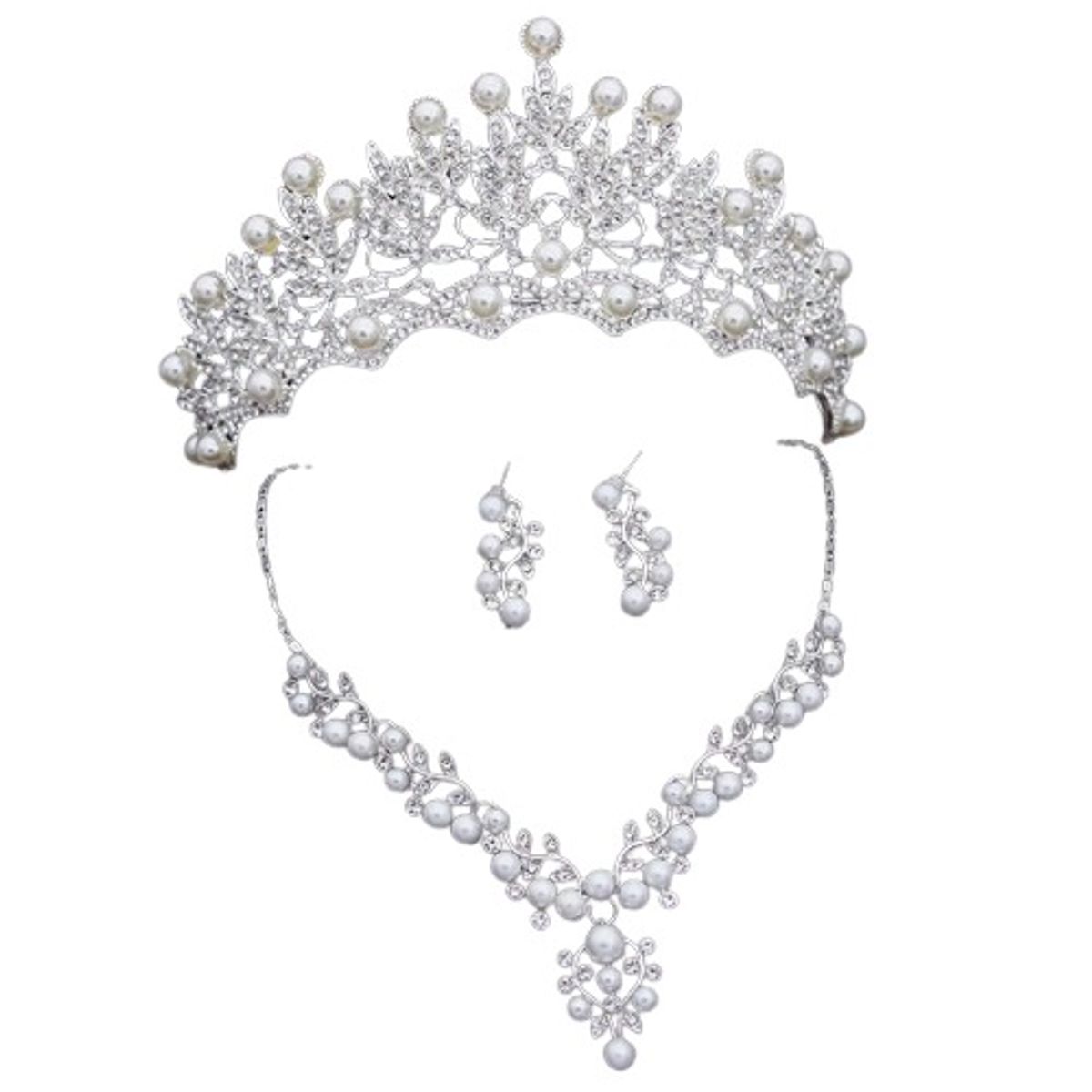 GENERICO - Corona Tiara Collar Y Aretes Perlas Mujer Quinceañera Novia Set