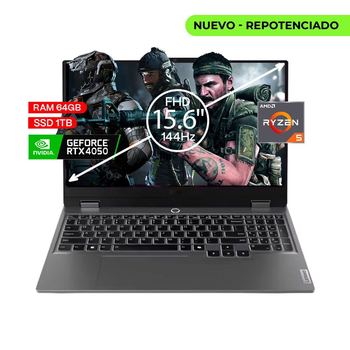 LENOVO - Portatil Gamer Lenovo LOQ Ryzen 5 7235hs 64/1 Tb Rtx 4050 6 Gb 15,6 FHD 144 hz.