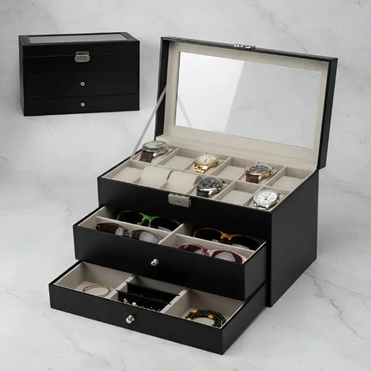 GENERICO - Joyero organizador de lujo para gafas, relojes y joyas  de 3 niveles en cuero sintético