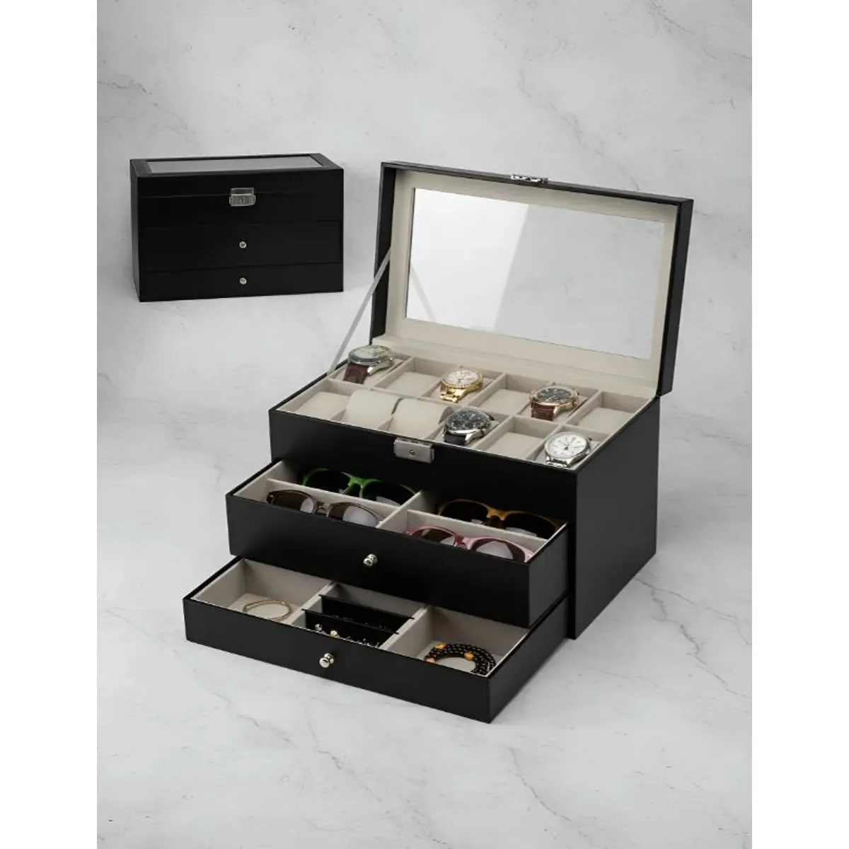 GENERICO - Joyero organizador de lujo para gafas, relojes y joyas  de 3 niveles en cuero sintético