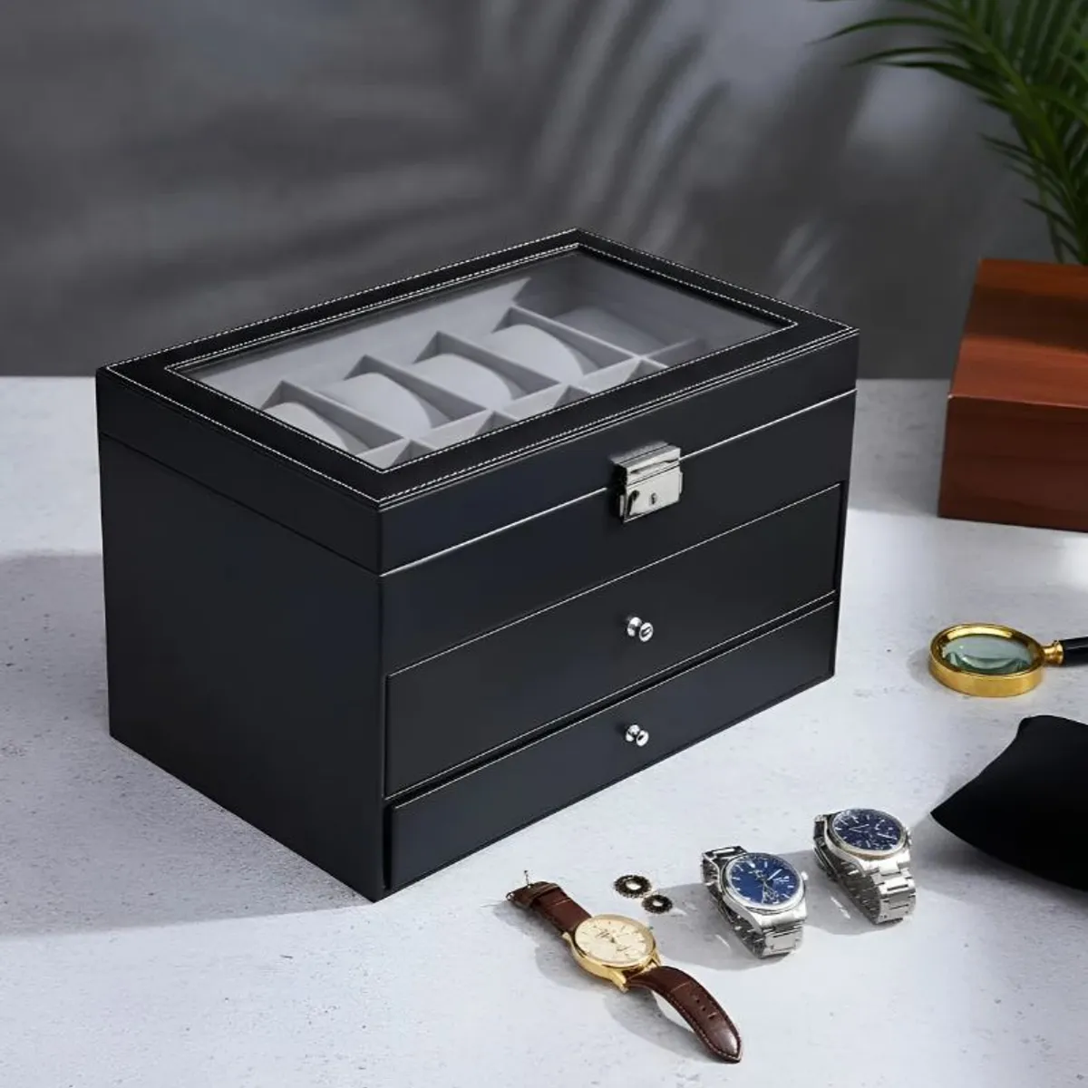 GENERICO - Joyero organizador de lujo para gafas, relojes y joyas  de 3 niveles en cuero sintético
