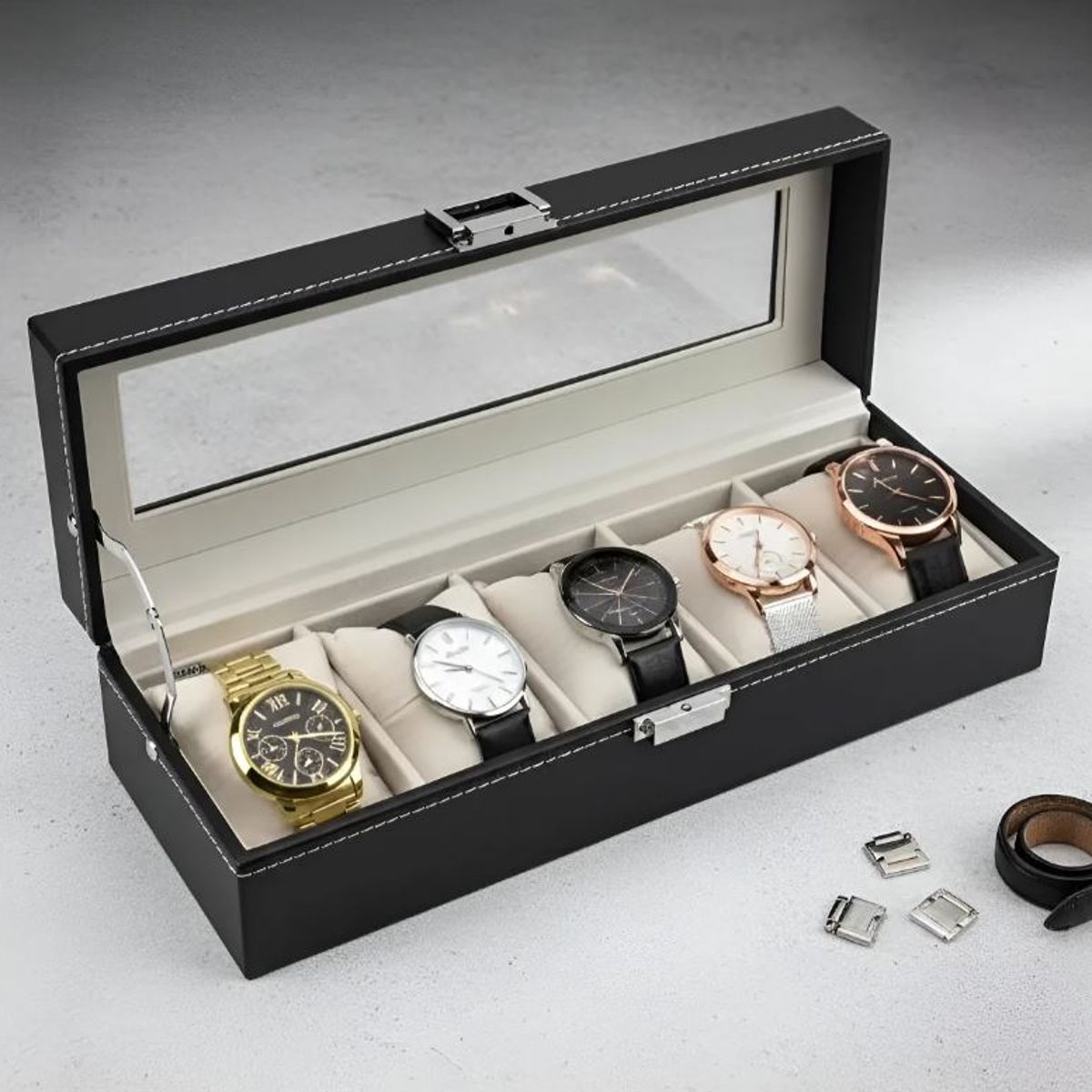 GENERICO - Caja Estuche reloj para organizar 5 relojes en cuero sintético