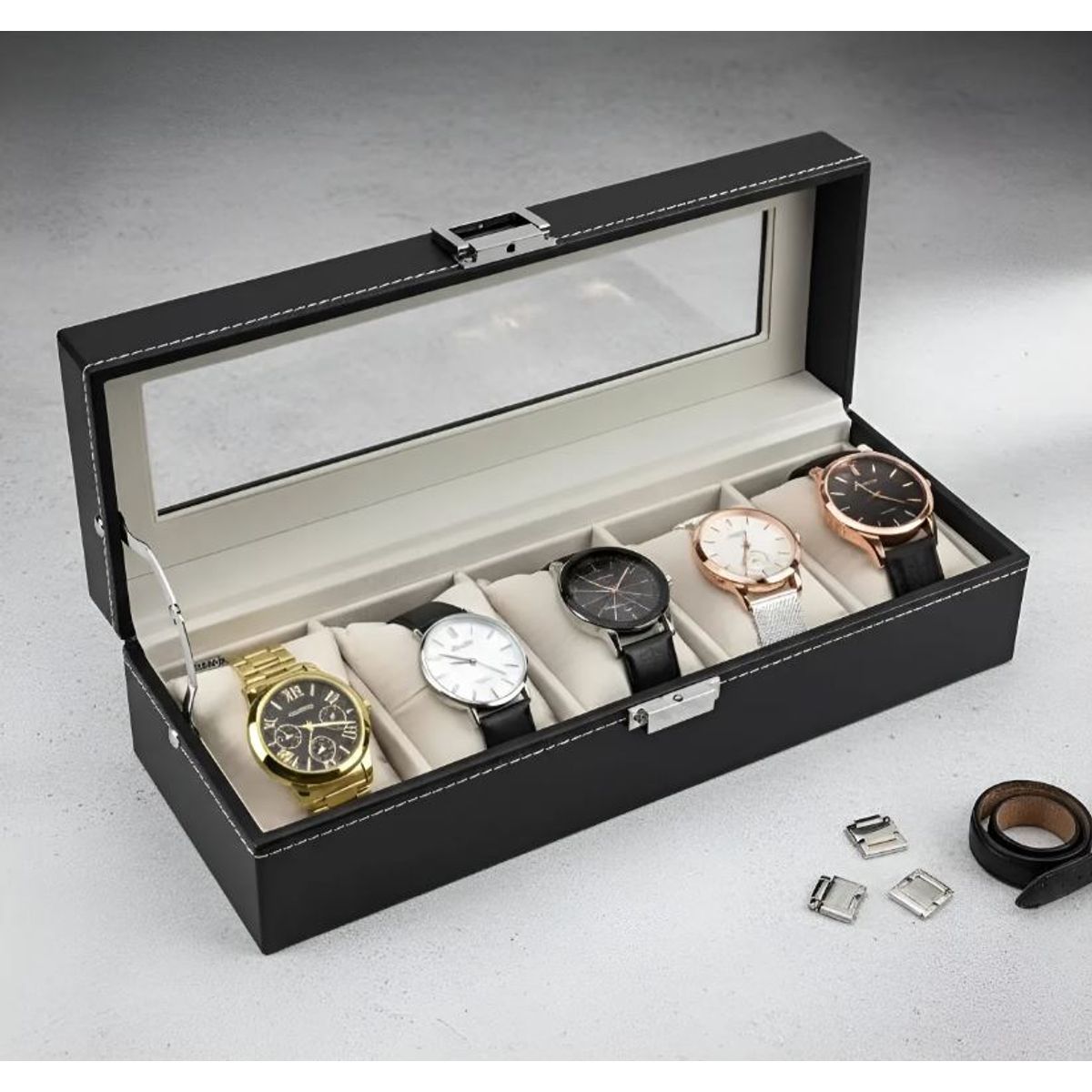 GENERICO - Caja Estuche reloj para organizar 5 relojes en cuero sintético