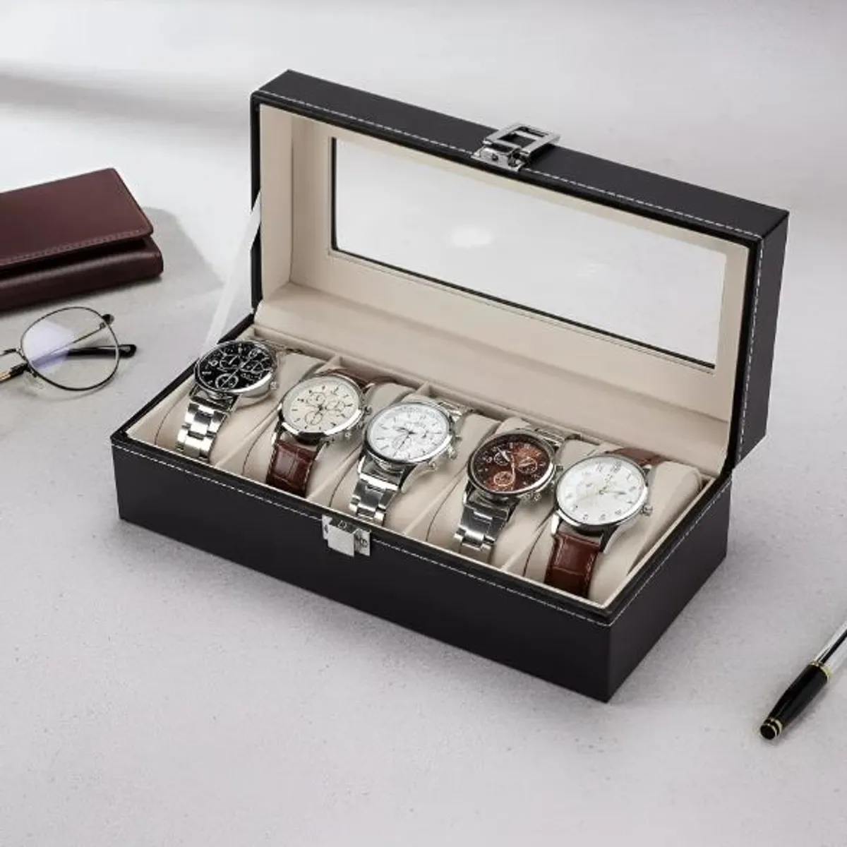GENERICO - Caja Estuche reloj para organizar 5 relojes en cuero sintético