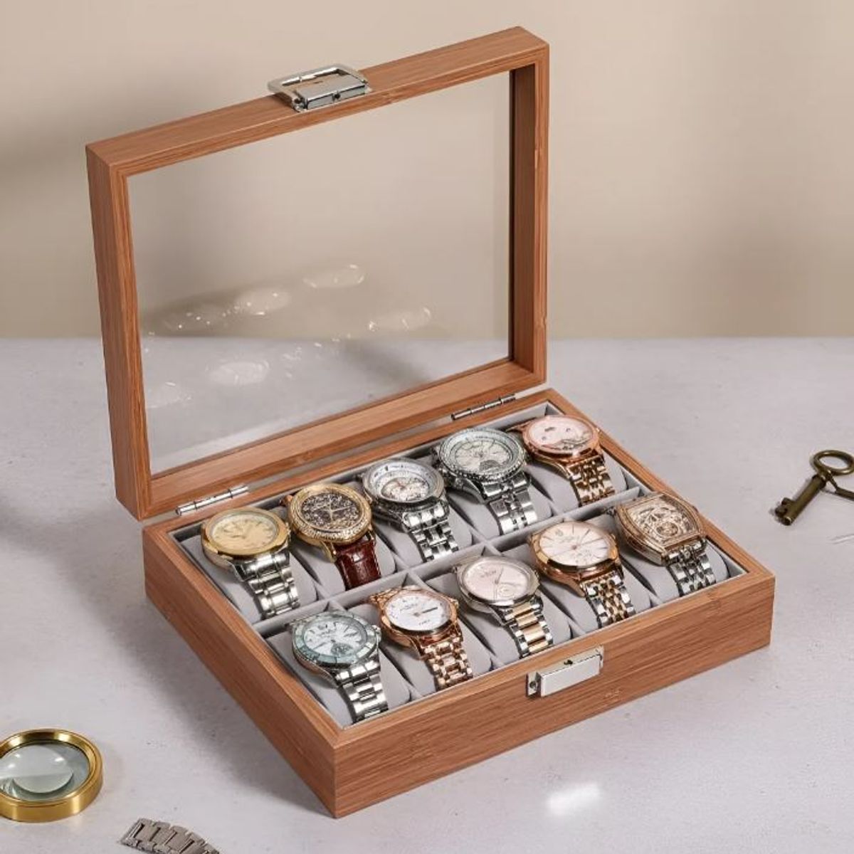 GENERICO - Caja Estuche reloj para organizar 10 relojes en madera laminada cafe