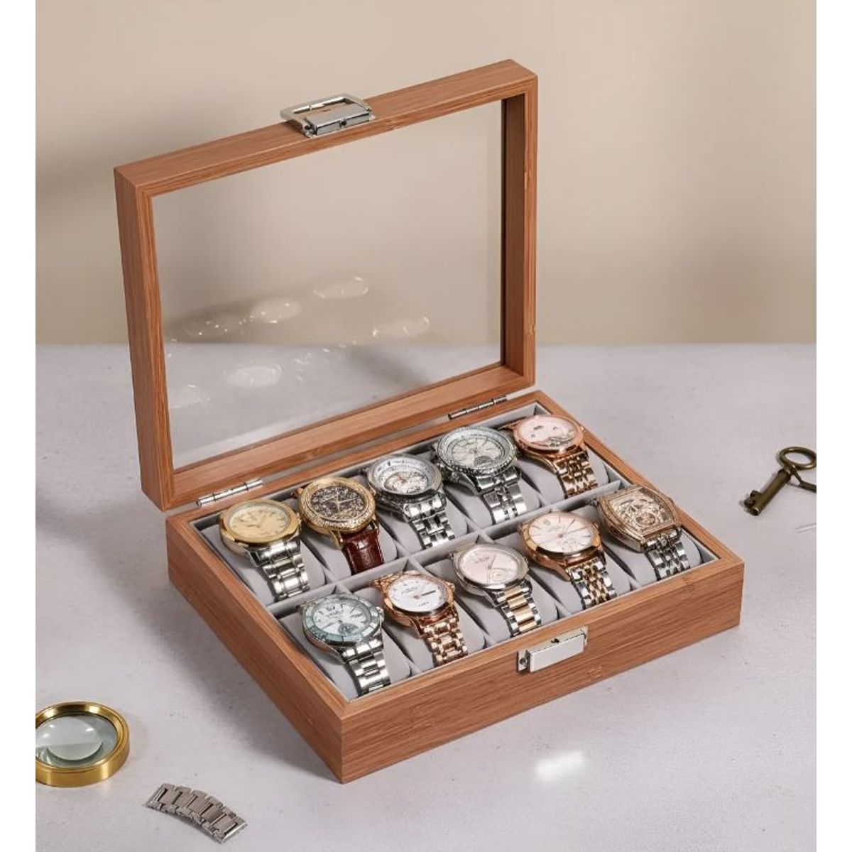 GENERICO - Caja Estuche reloj para organizar 10 relojes en madera laminada cafe
