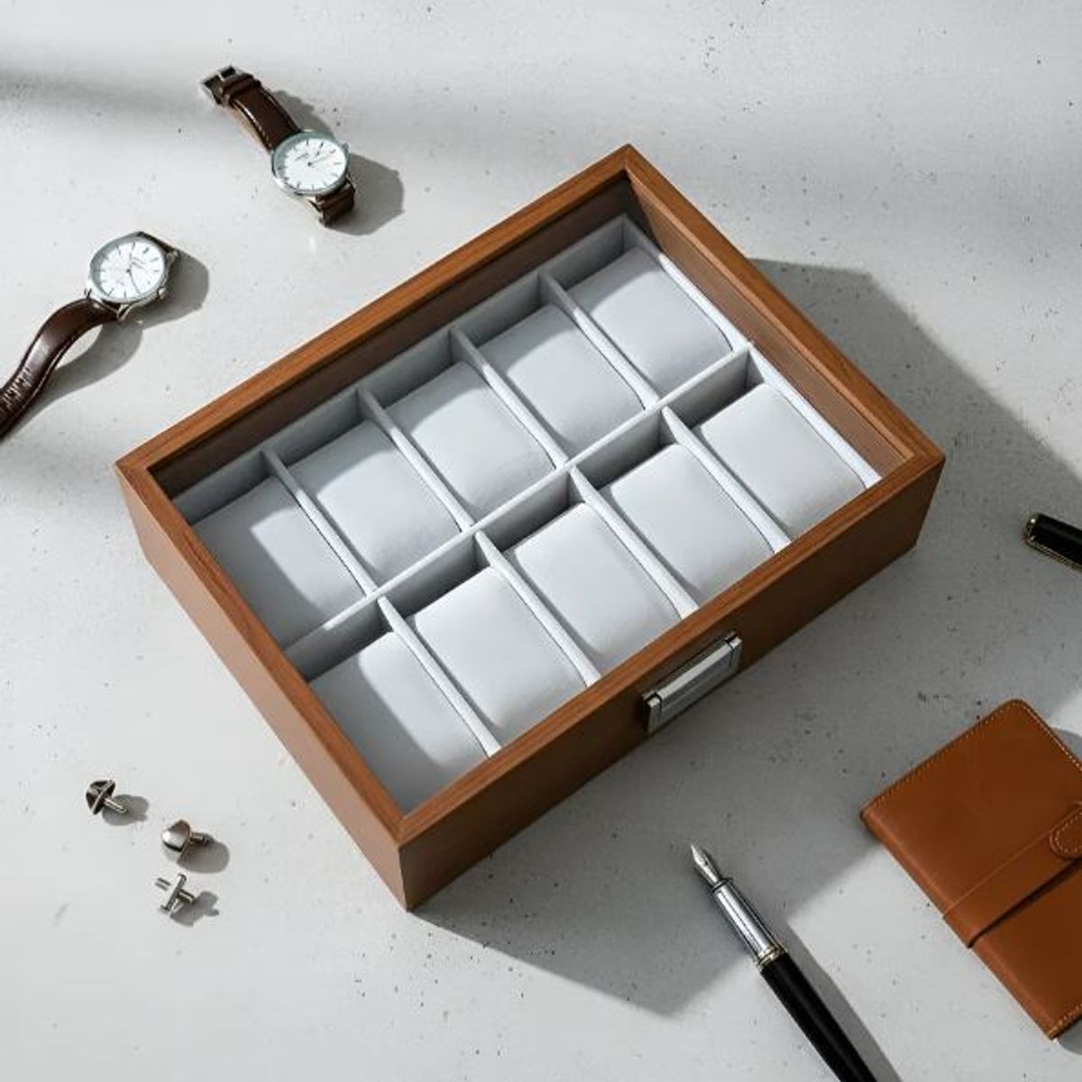 GENERICO - Caja Estuche reloj para organizar 10 relojes en madera laminada cafe
