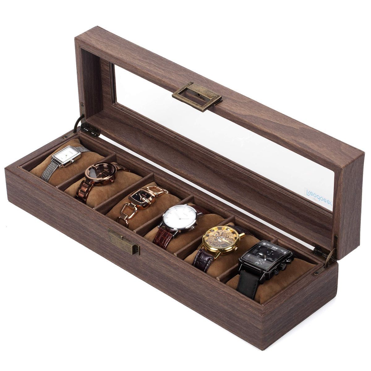 GENERICO - Caja Estuche reloj para organizar 6 relojes en madera laminada cafe oscura