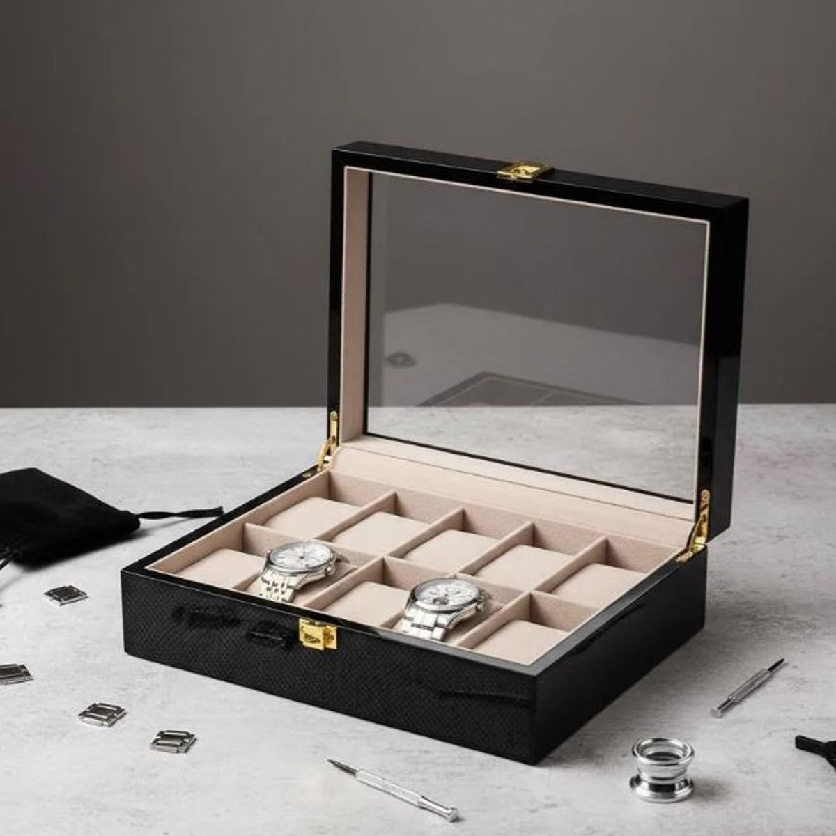 GENERICO - Caja Estuche reloj para organizar 12 relojes en madera laminada negra