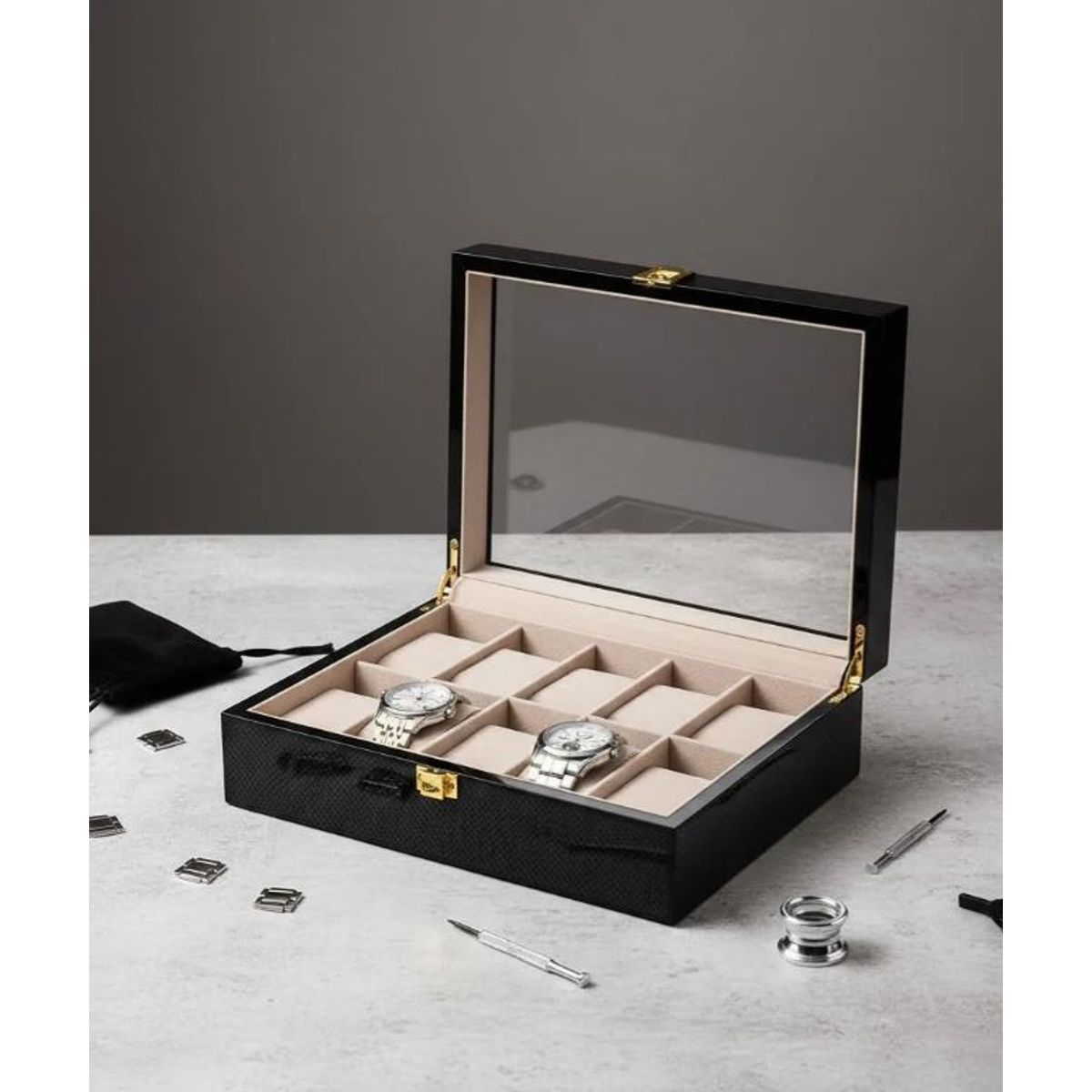 GENERICO - Caja Estuche reloj para organizar 12 relojes en madera laminada negra