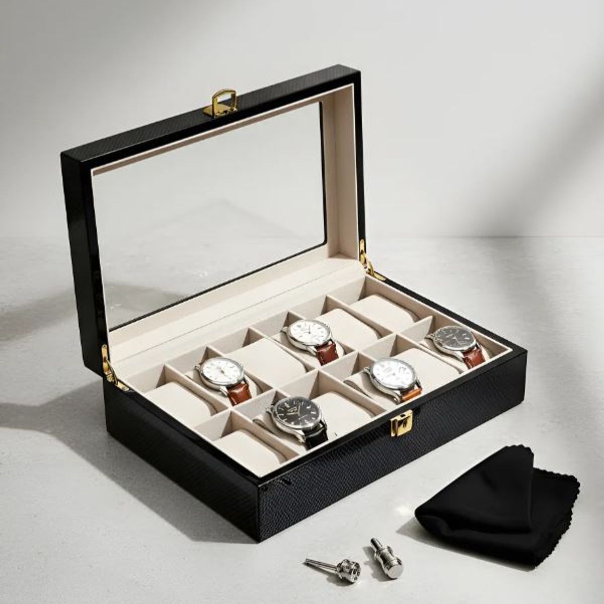 GENERICO - Caja Estuche reloj para organizar 12 relojes en madera laminada negra