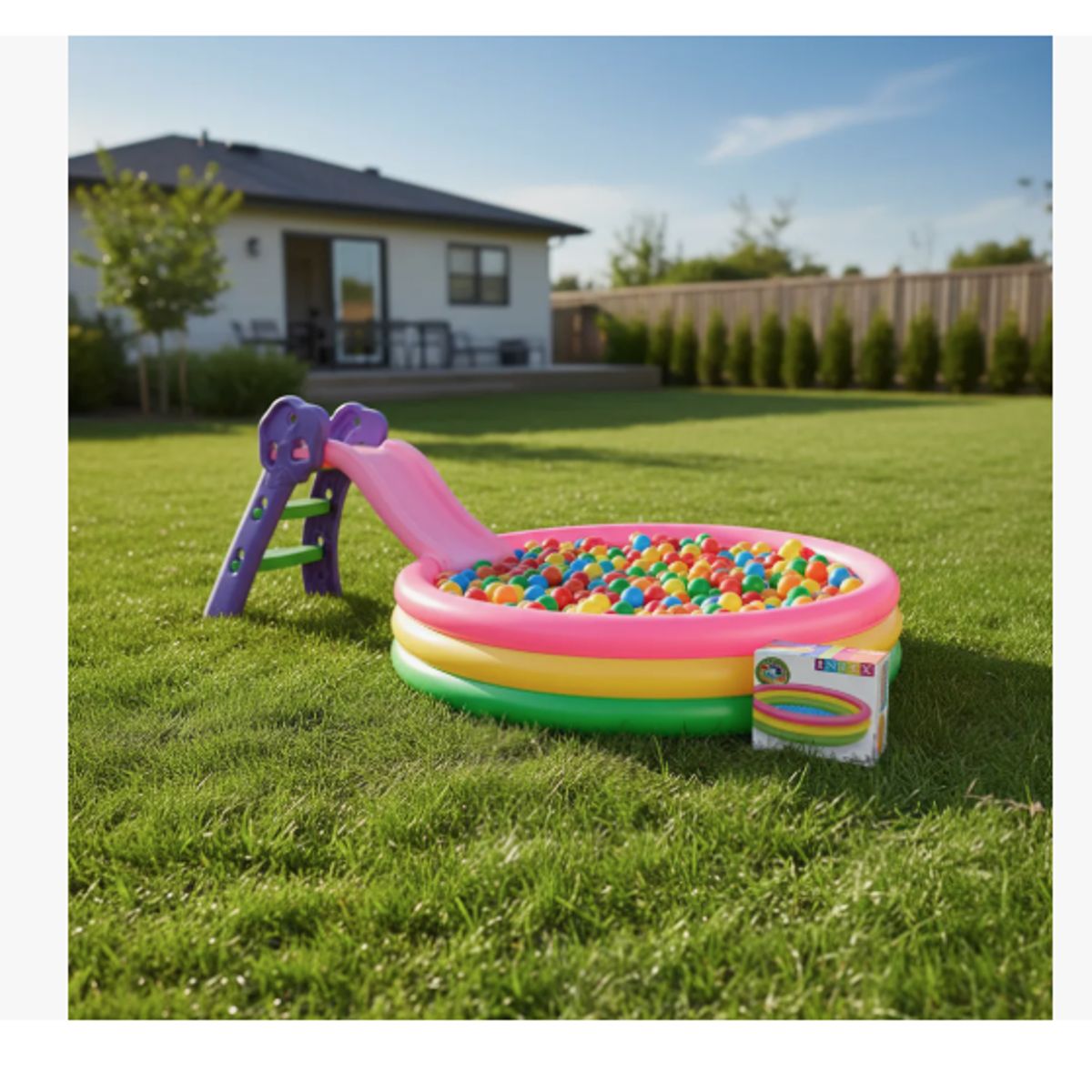 INTEX - Combo Piscina Inflable 147cm + Deslizador + 100 Pelotas