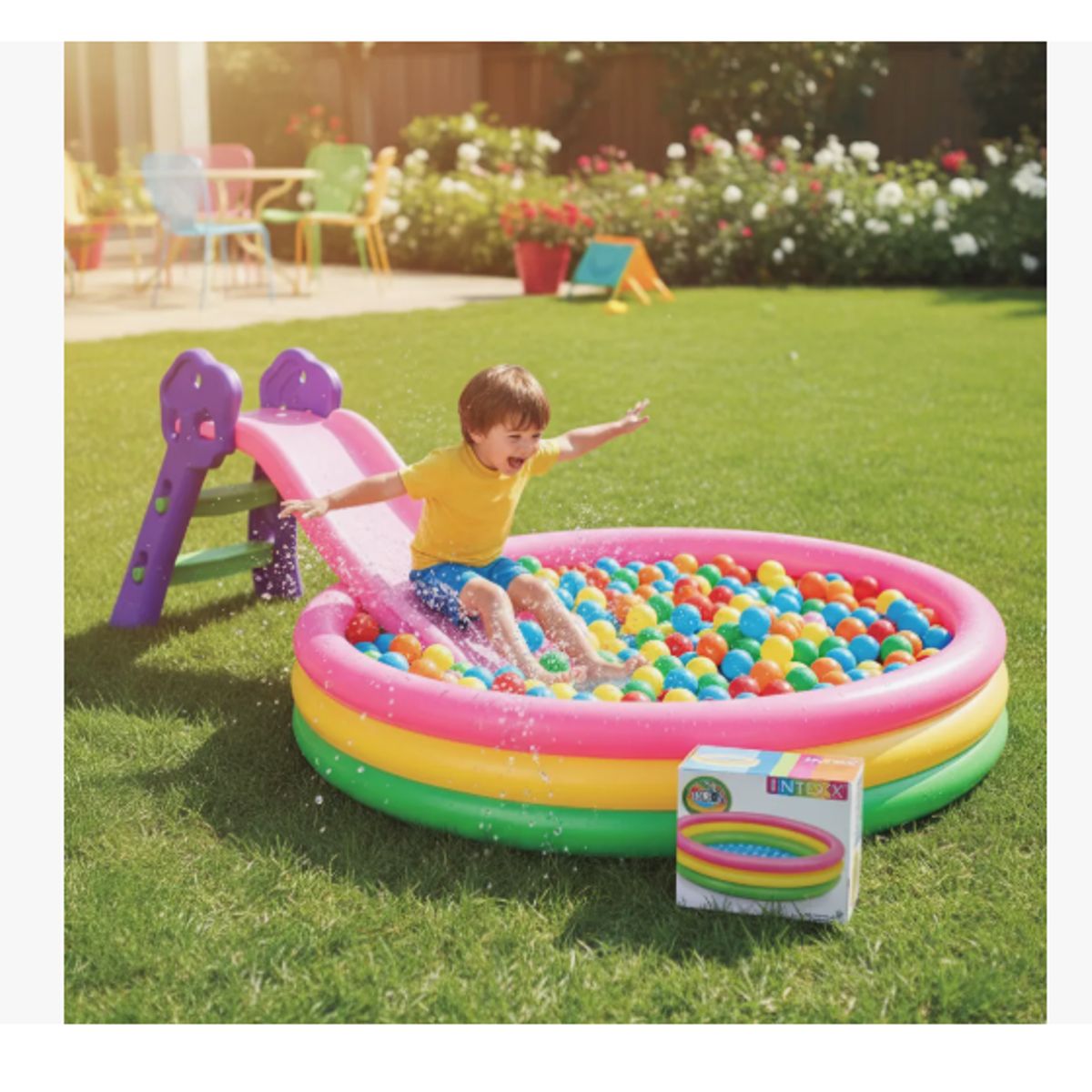 INTEX - Combo Piscina Inflable 147cm + Deslizador + 100 Pelotas