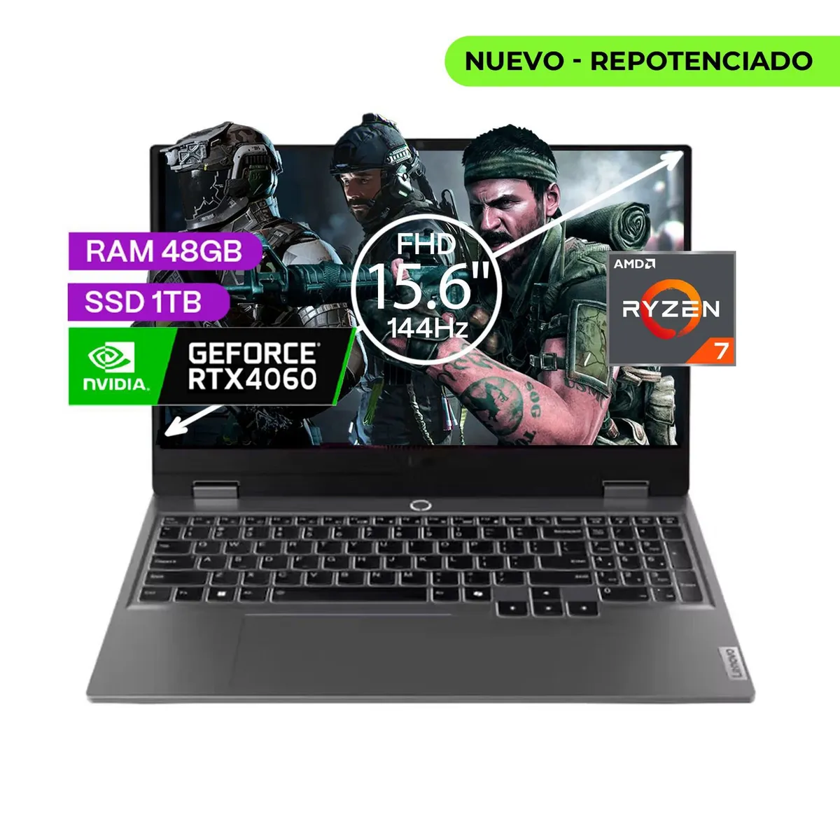 LENOVO - Portatil Gamer Lenovo LOQ Ryzen 7 8845HS 48/1 TB SSD RTX 4060 8 Gb 15,6 FHD 144 hz.