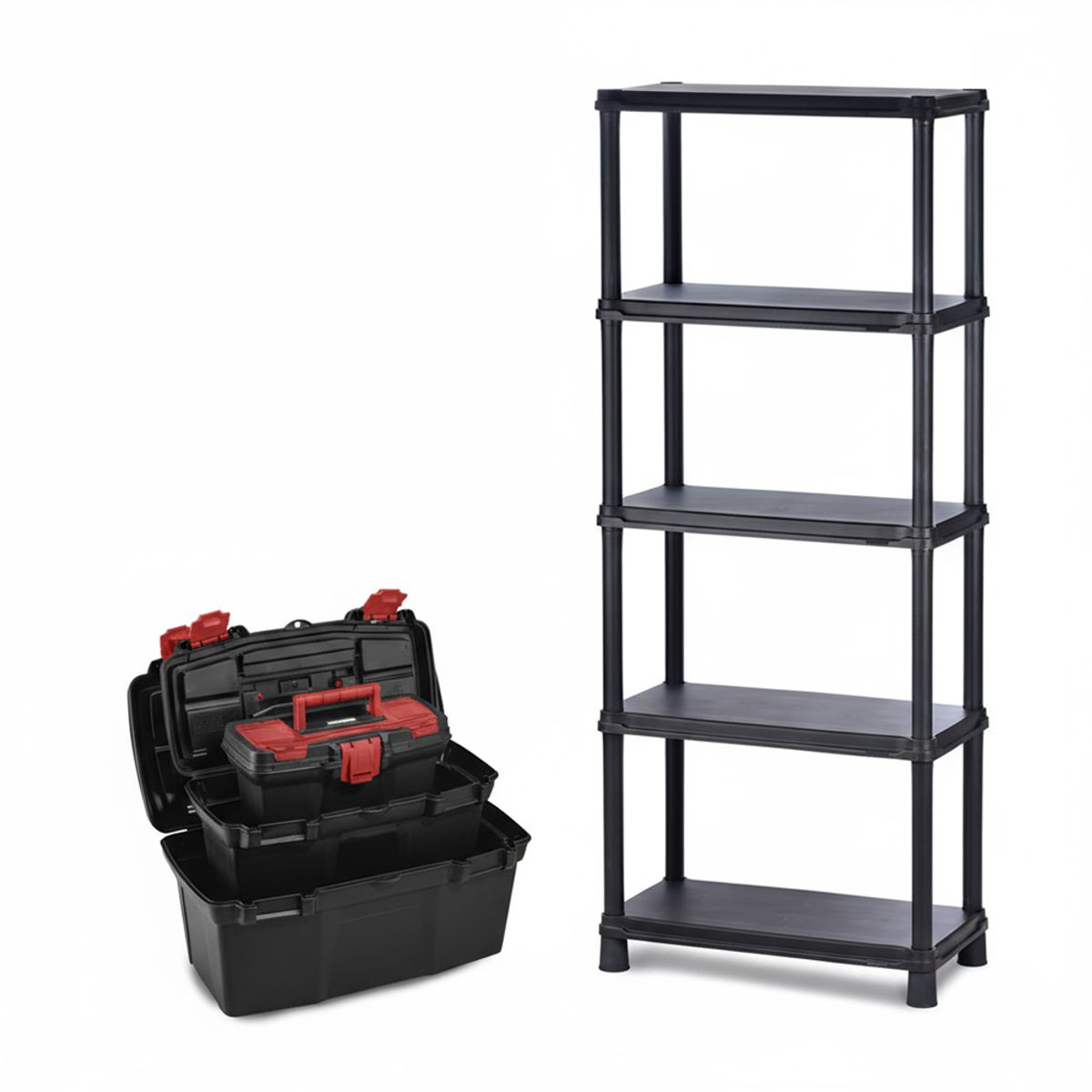RIMAX - Combo Organizador  RIMAX -  (1 Estantería 15" 5N + Combo Caja Herramientas 19" + 16" + 11" Apilable Negra)