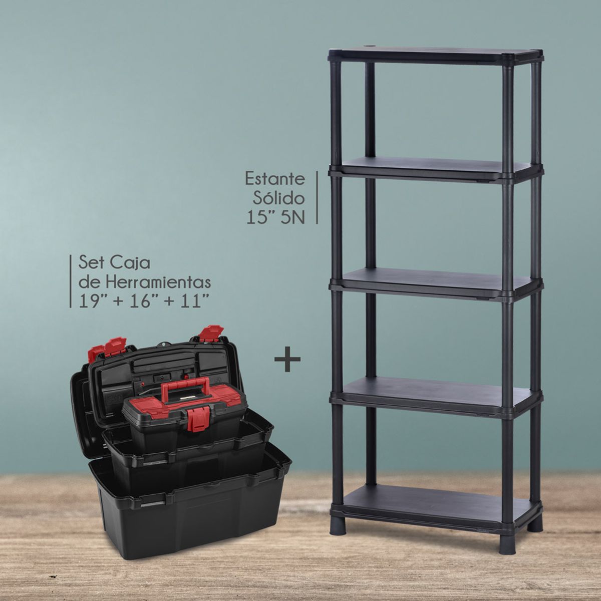 RIMAX - Combo Organizador  RIMAX -  (1 Estantería 15" 5N + Combo Caja Herramientas 19" + 16" + 11" Apilable Negra)
