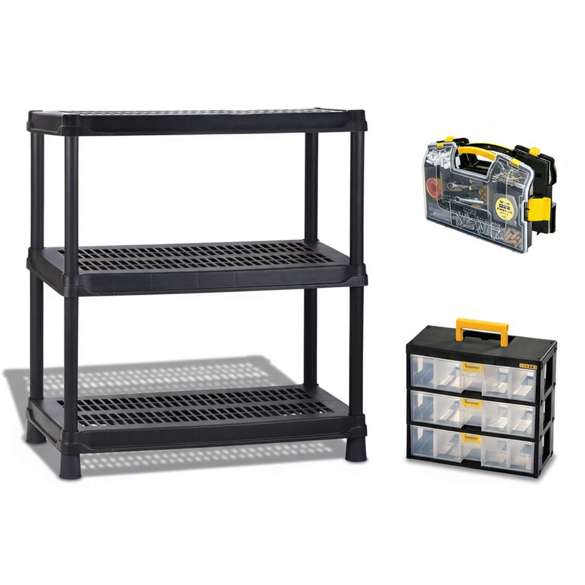 RIMAX - Combo Organizador  RIMAX  (1 Estantería 18" 3N + Caja Modular gavetas + Caja organizadora doble plegable)