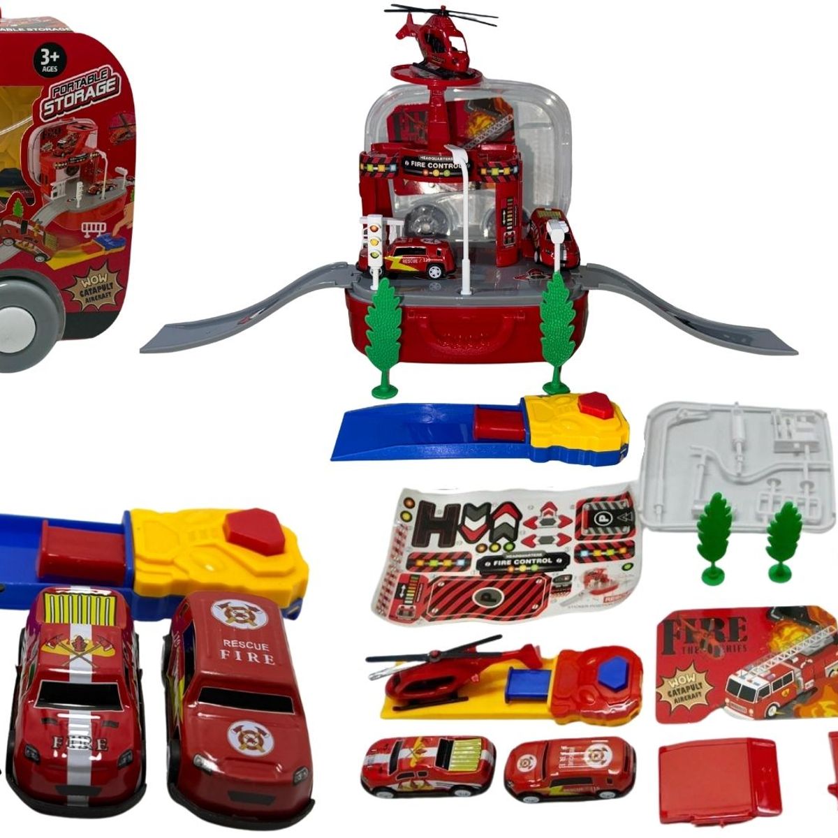 MAZUGI - Mini Maleta Bombero Rojo Pista Carros Juguete Niños Portátil