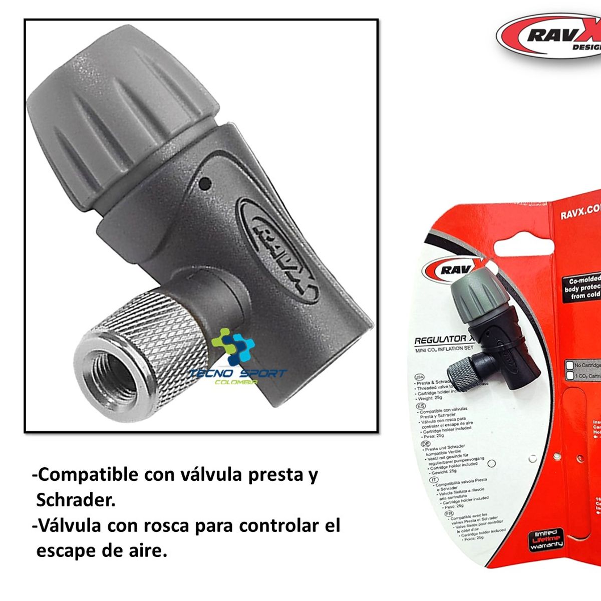 GENERICO - Inflador Bicicleta Co2 Cabezal Regulador Ravx Bomba Aire