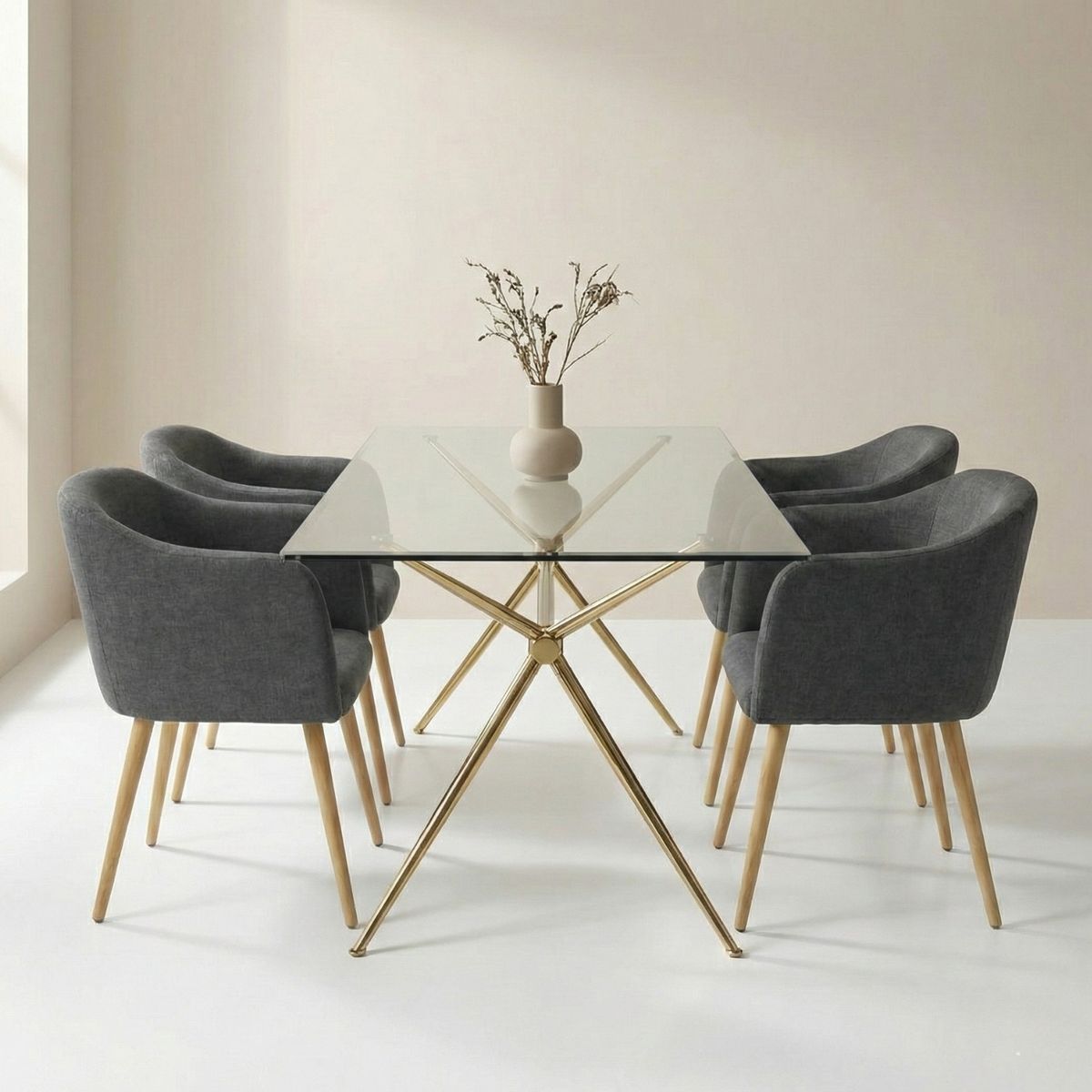 ENTRE NOS HOME - Juego Comedor Ambar 4 Puestos Vidrio Base Dorada y Sillas Gris Grafito