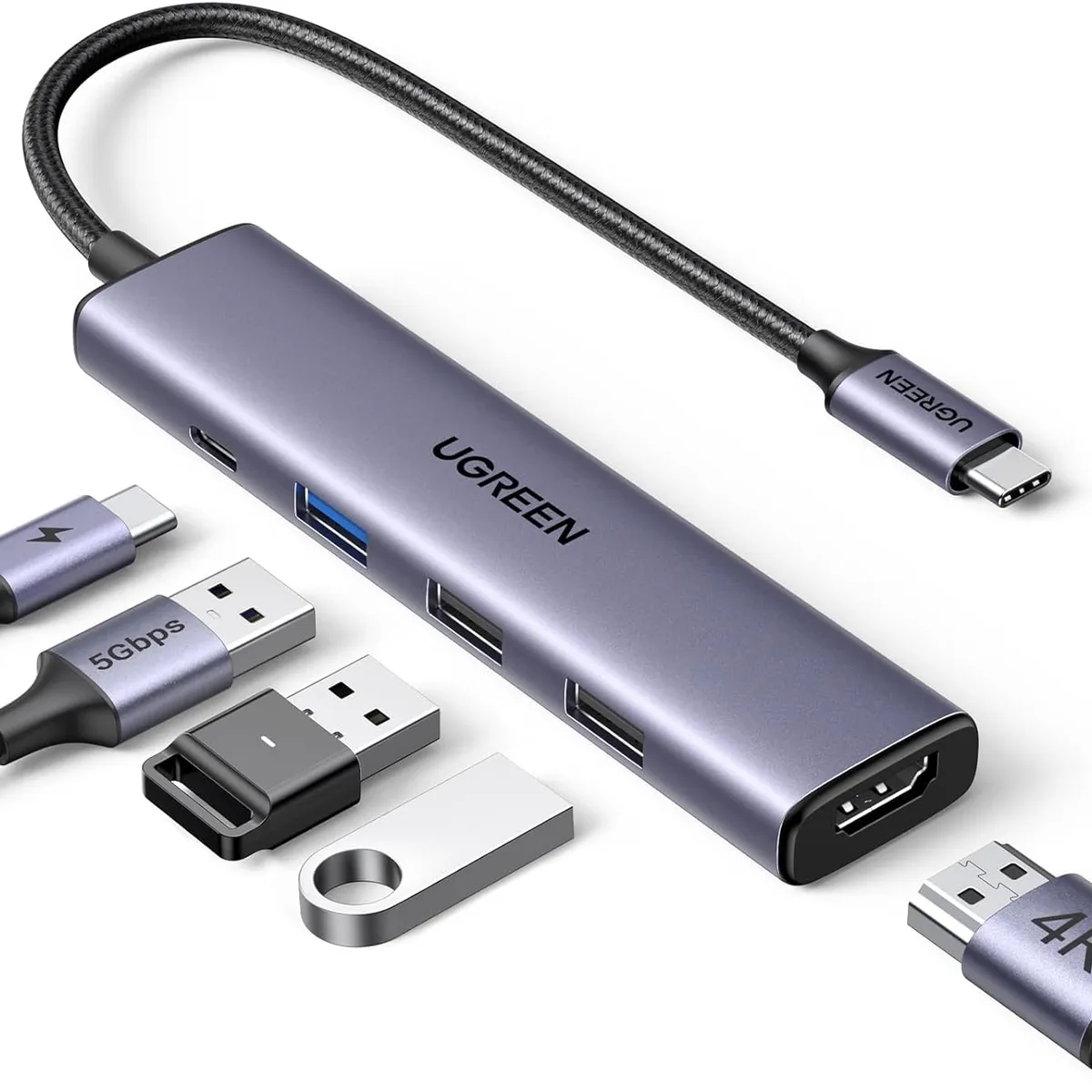 UGREEN - Adaptador Ugreen Usb C 5 En 1 Multipuerto Usb 3.0 Hdmi 4K 30Hz 100W