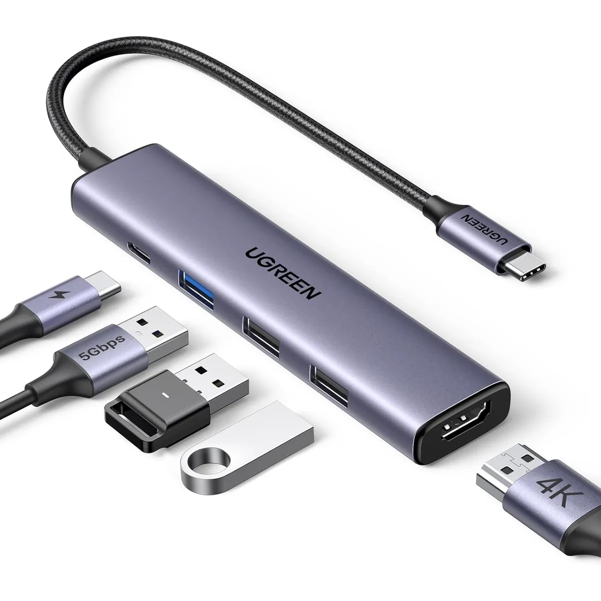 UGREEN - Adaptador Ugreen Usb C 5 En 1 Multipuerto Usb 3.0 Hdmi 4K 30Hz 100W