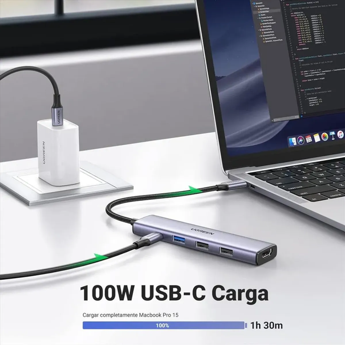 UGREEN - Adaptador Ugreen Usb C 5 En 1 Multipuerto Usb 3.0 Hdmi 4K 30Hz 100W