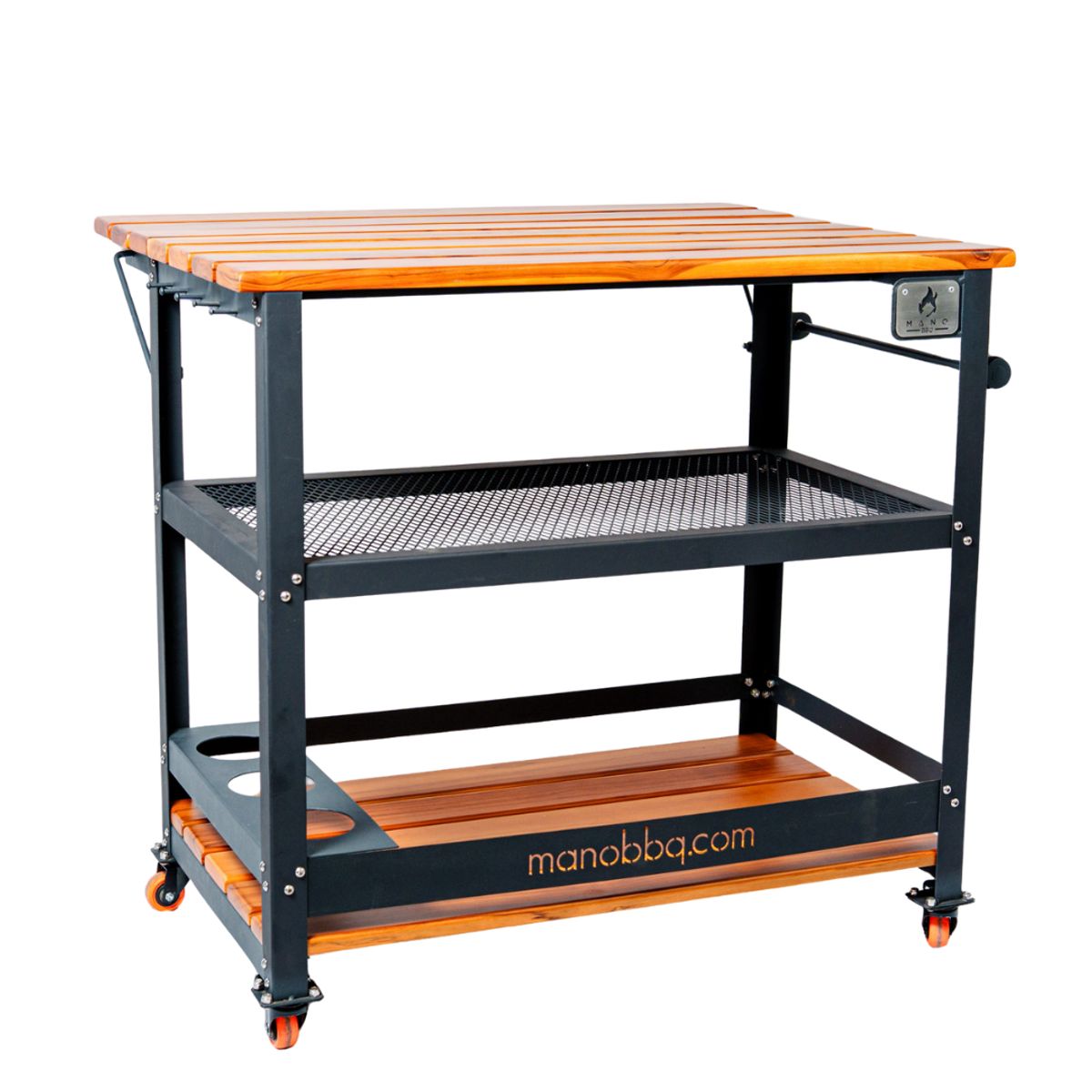 GENERICO - Mesa Auxiliar Mano BBQ de Acero y Madera con Ruedas