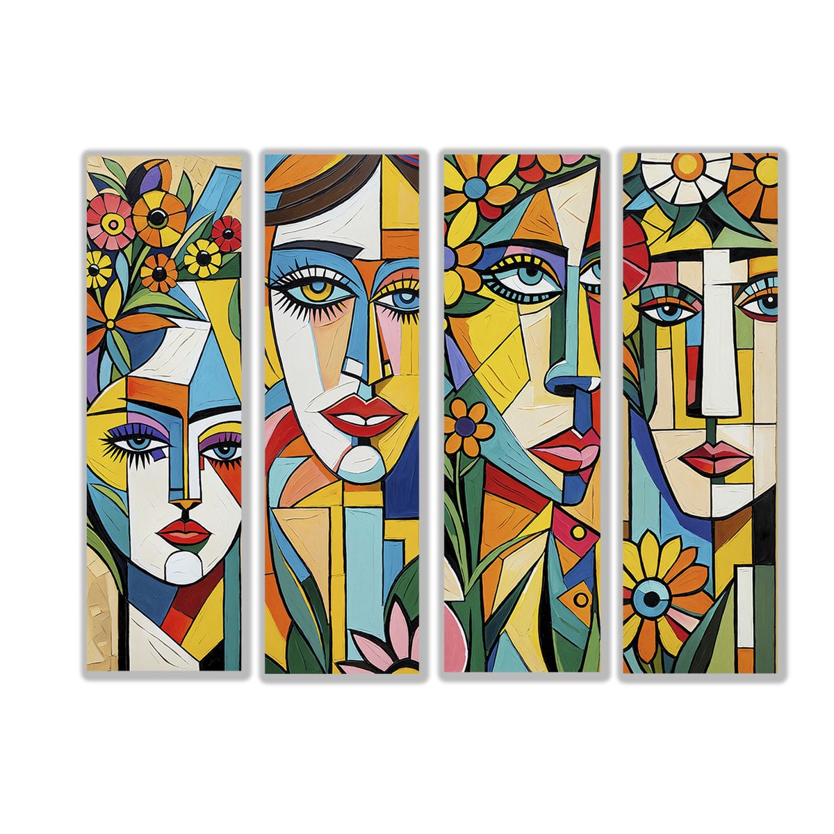 GENERICO - Lienzo Cuadro Decorativo Rostros en Armonía Estilo Cubista Set X 4 de 60x18CM