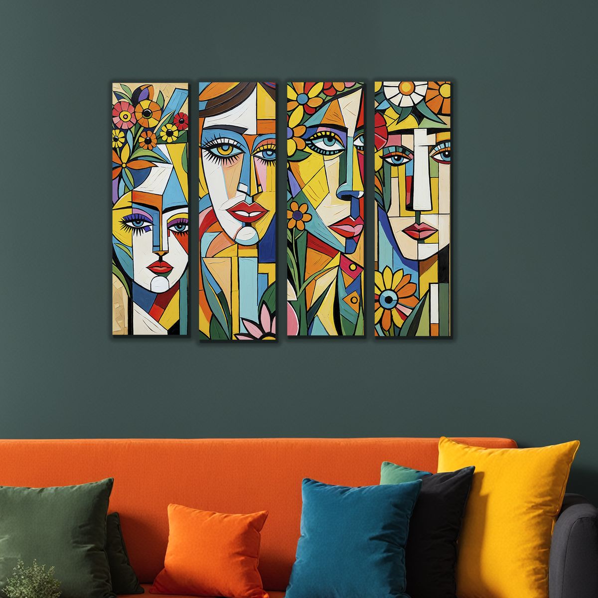 GENERICO - Lienzo Cuadro Decorativo Rostros en Armonía Estilo Cubista Set X 4 de 60x18CM