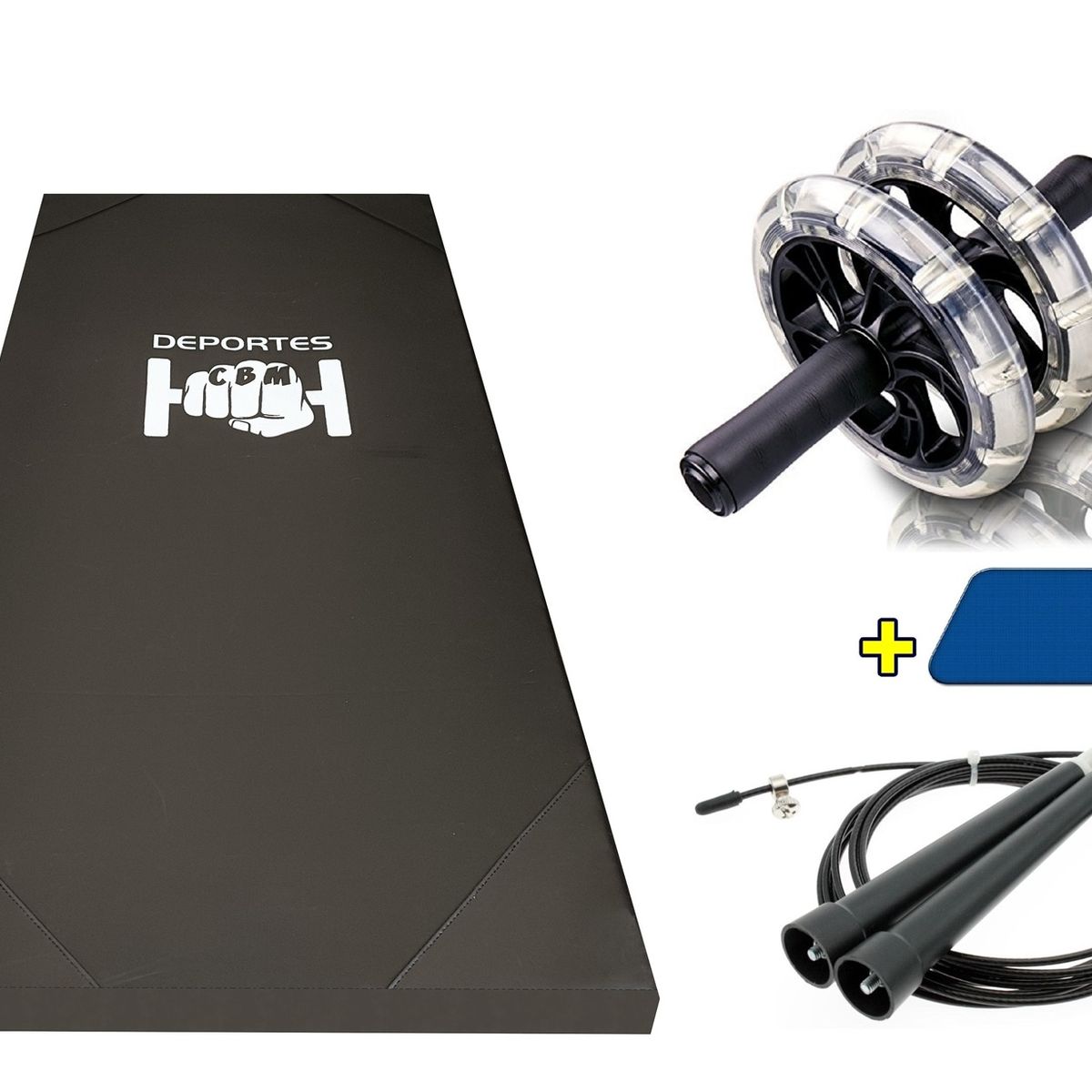 DEPORTES CBM - Kit Set Abdominales Colchoneta Deportiva + Rodillo Doble rueda De Goma + Lazo Cuerda De Salto